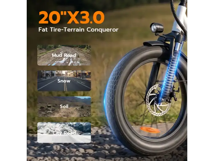 Primer plano de la rueda delantera de una bicicleta eléctrica con texto sobre su uso en barro, nieve y ciudad.