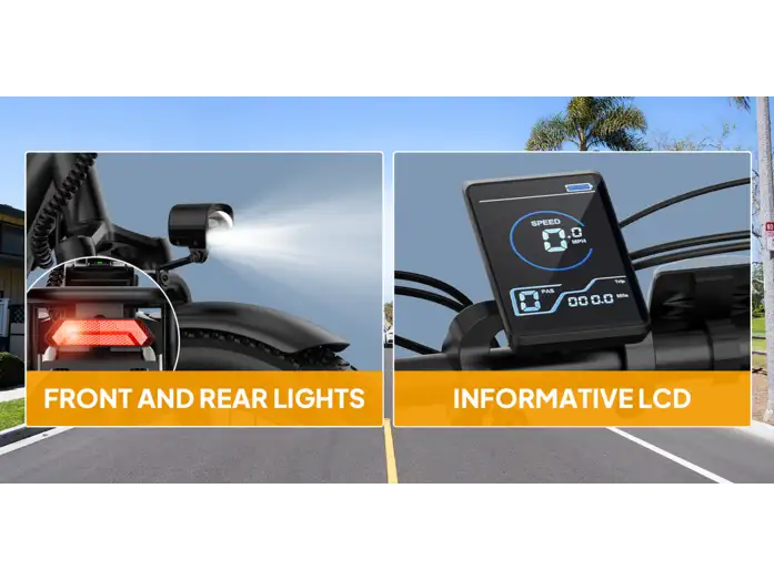Dos imágenes muestran luces de bicicleta y una pantalla LCD con indicador de velocidad al aire libre.