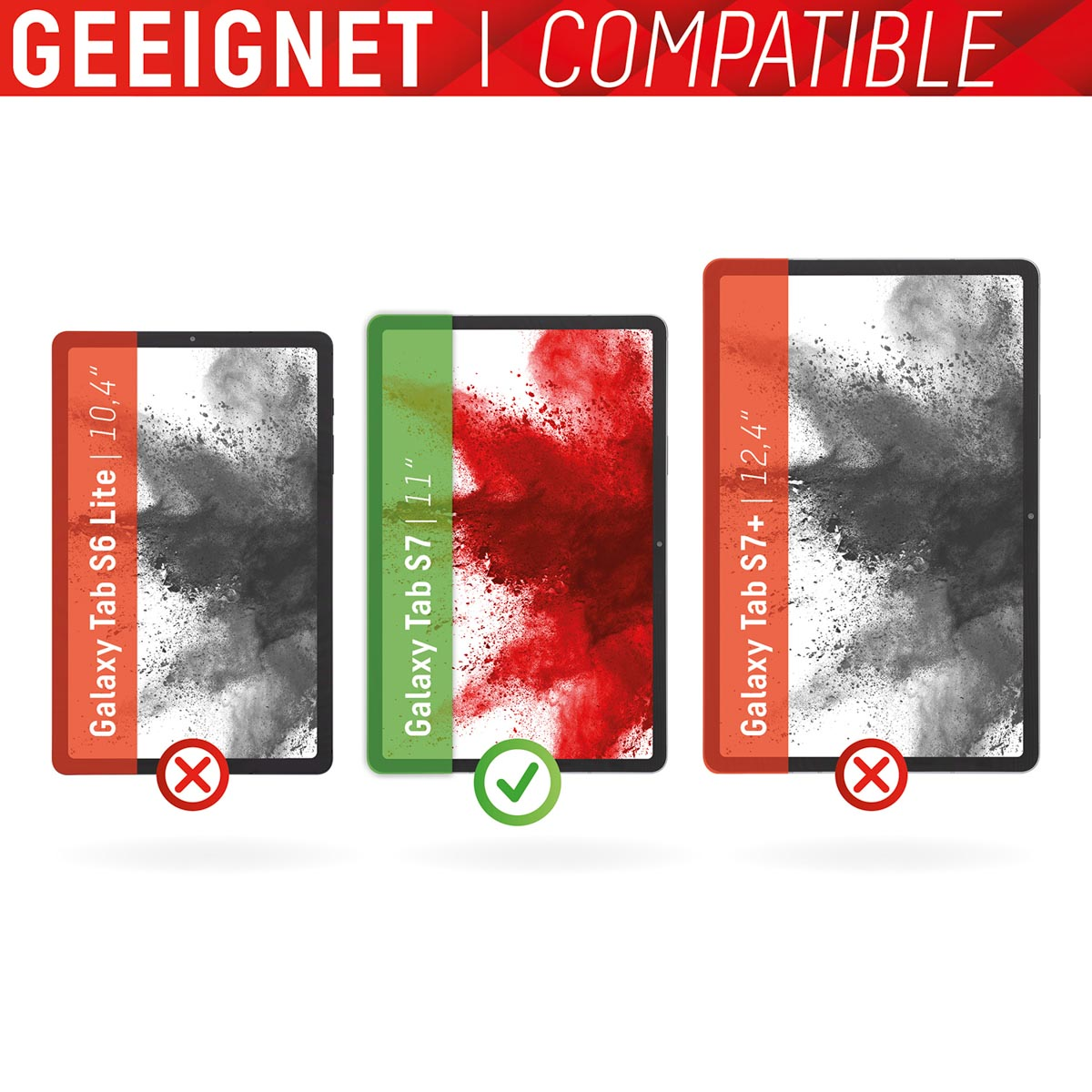 Kompatibilitätsvergleich für drei Samsung Tablets mit roten und grünen Markierungen.