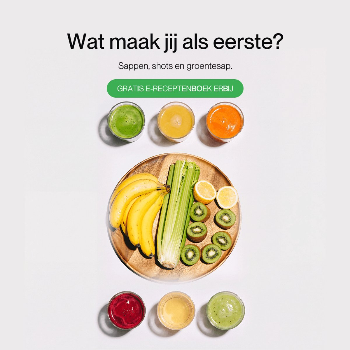 Wooden board with bananas, celery, lemons, and kiwis, surrounded by six glasses of colorful juices against a white background.