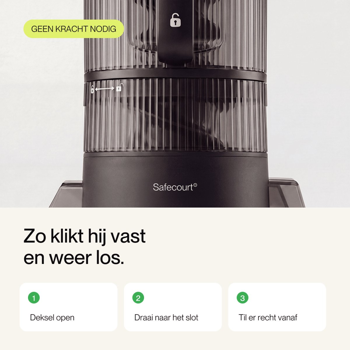 Instructions on how to lock and unlock the Safecourt blender in three steps.