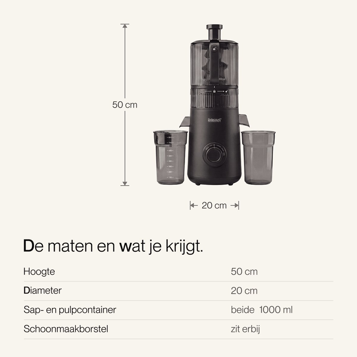 A black slow juicer with two cups and size dimensions of 50 cm height and 20 cm diameter displayed on a cream background.