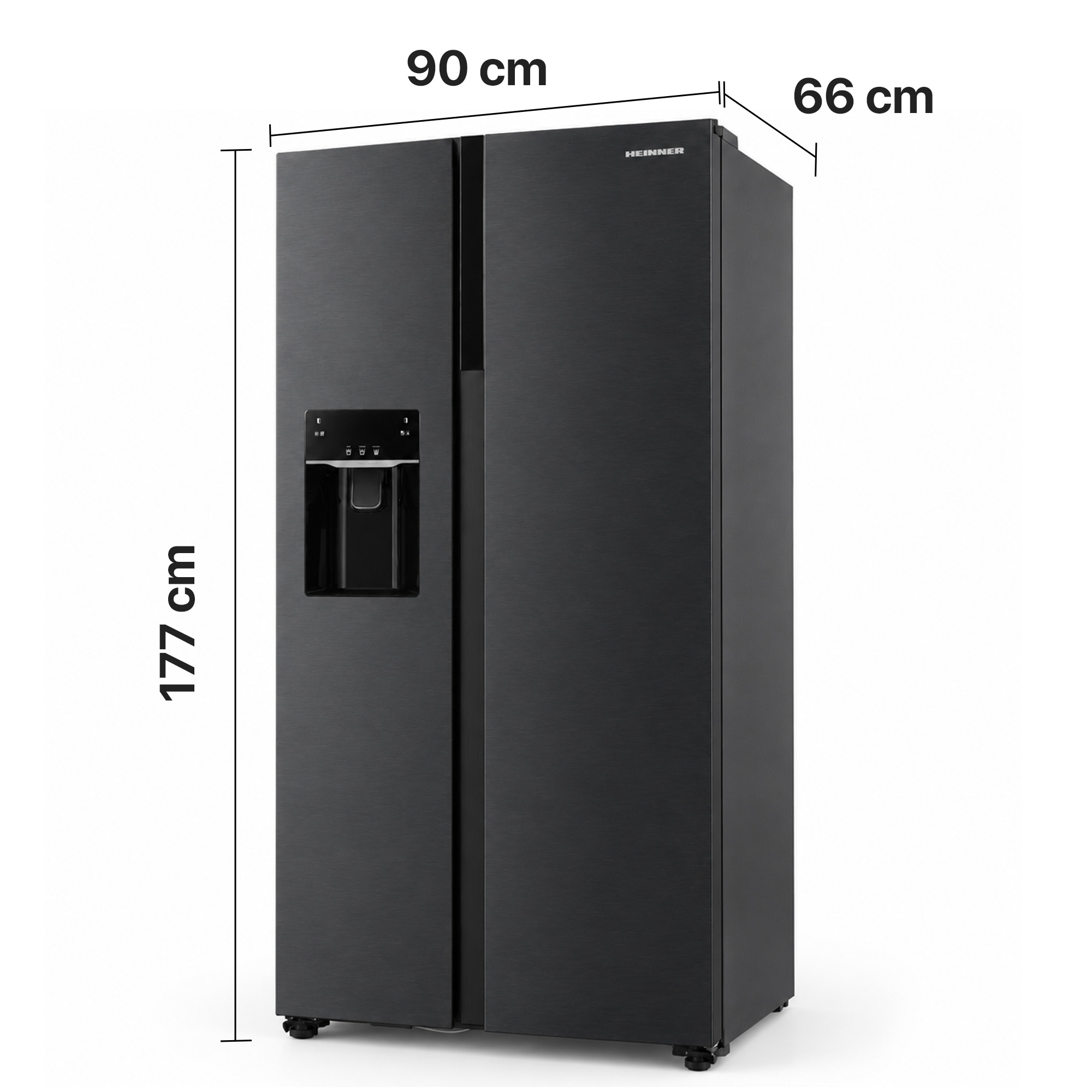 Een zwarte Amerikaanse koelkast met waterdispenser en afmetingen van 177 cm hoog, 90 cm breed en 66 cm diep.