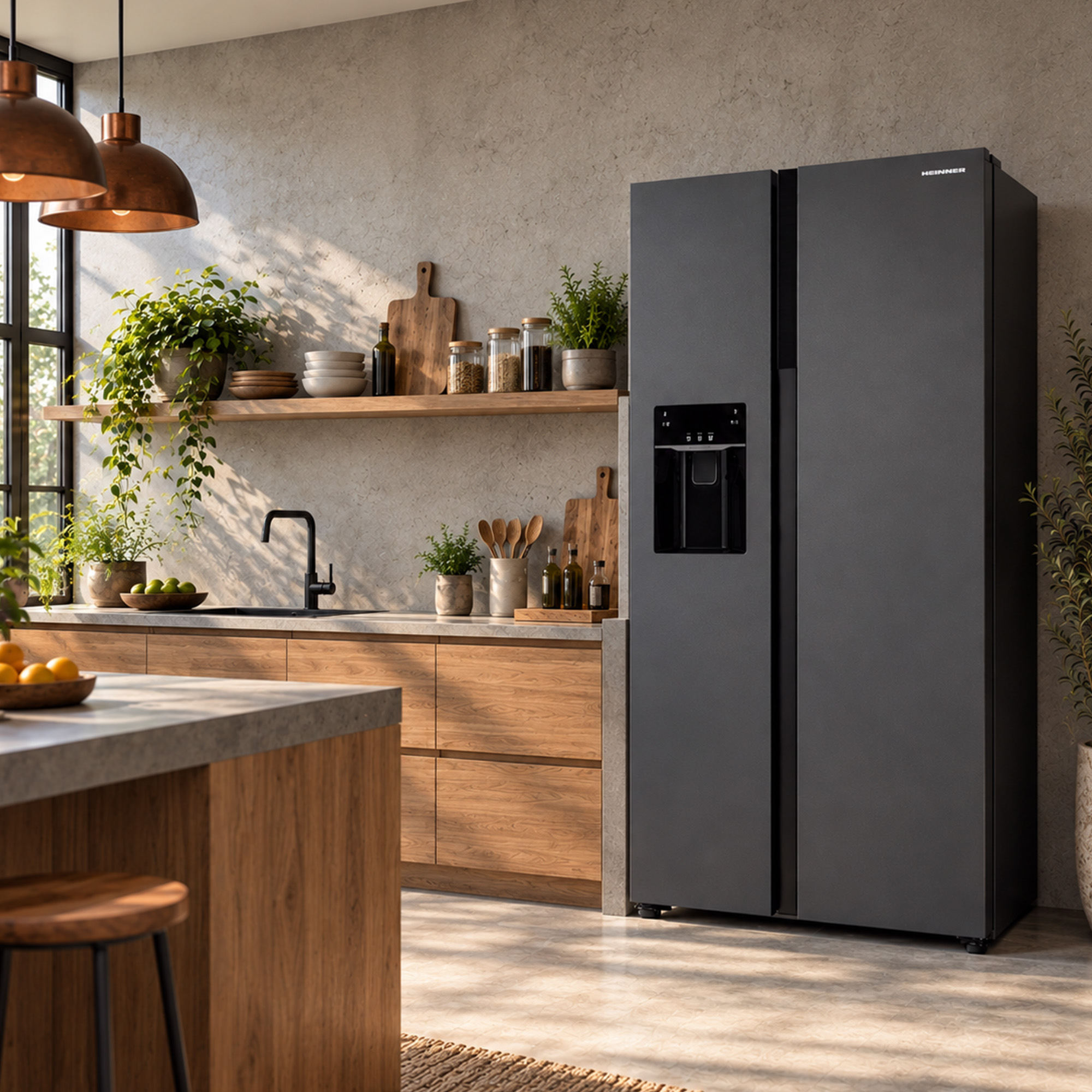 Moderne keuken met zwarte Amerikaanse koelkast, houten kasten en hanglampen bij het raam.