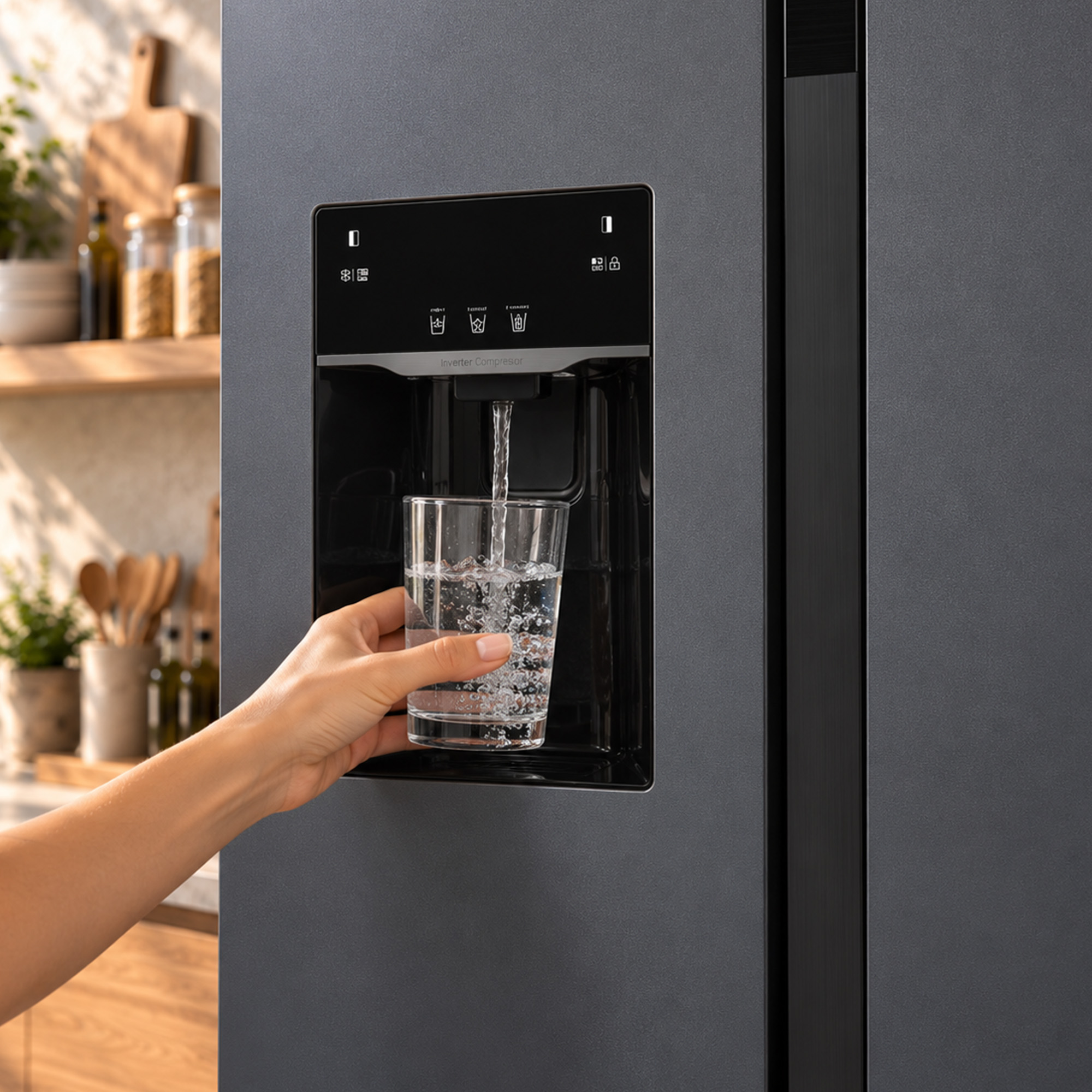 Iemand vult een glas met water uit een moderne koelkastdispenser in een keuken.