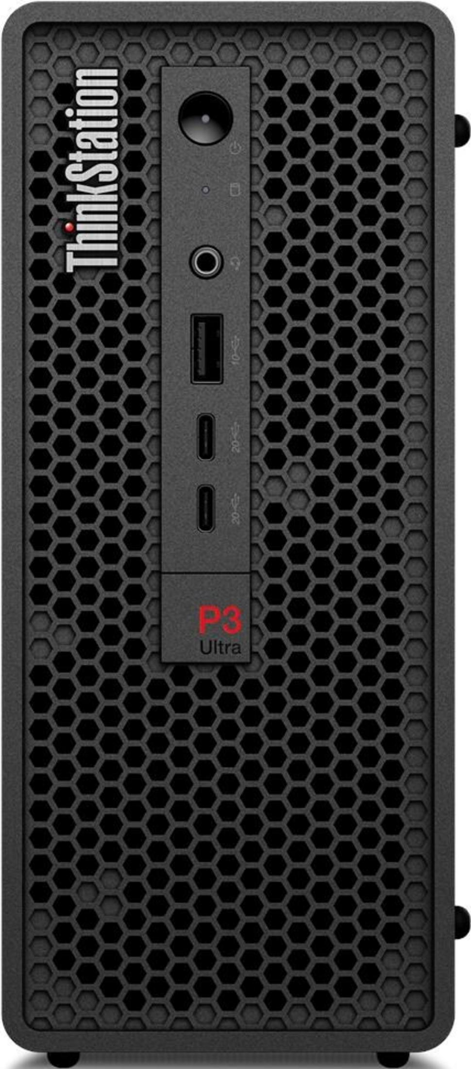 Vorderseite eines schwarzen Lenovo ThinkStation P3 Ultra Desktop-Computers mit wabenförmigem Gitter.