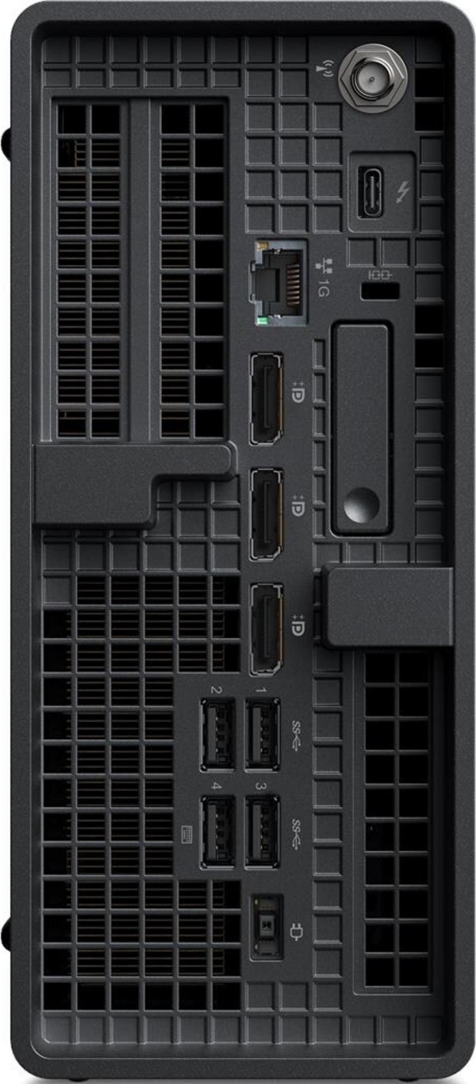 Rückseite eines schwarzen Computergehäuses mit Anschlüssen wie USB, Ethernet, DisplayPort und Stromanschluss.