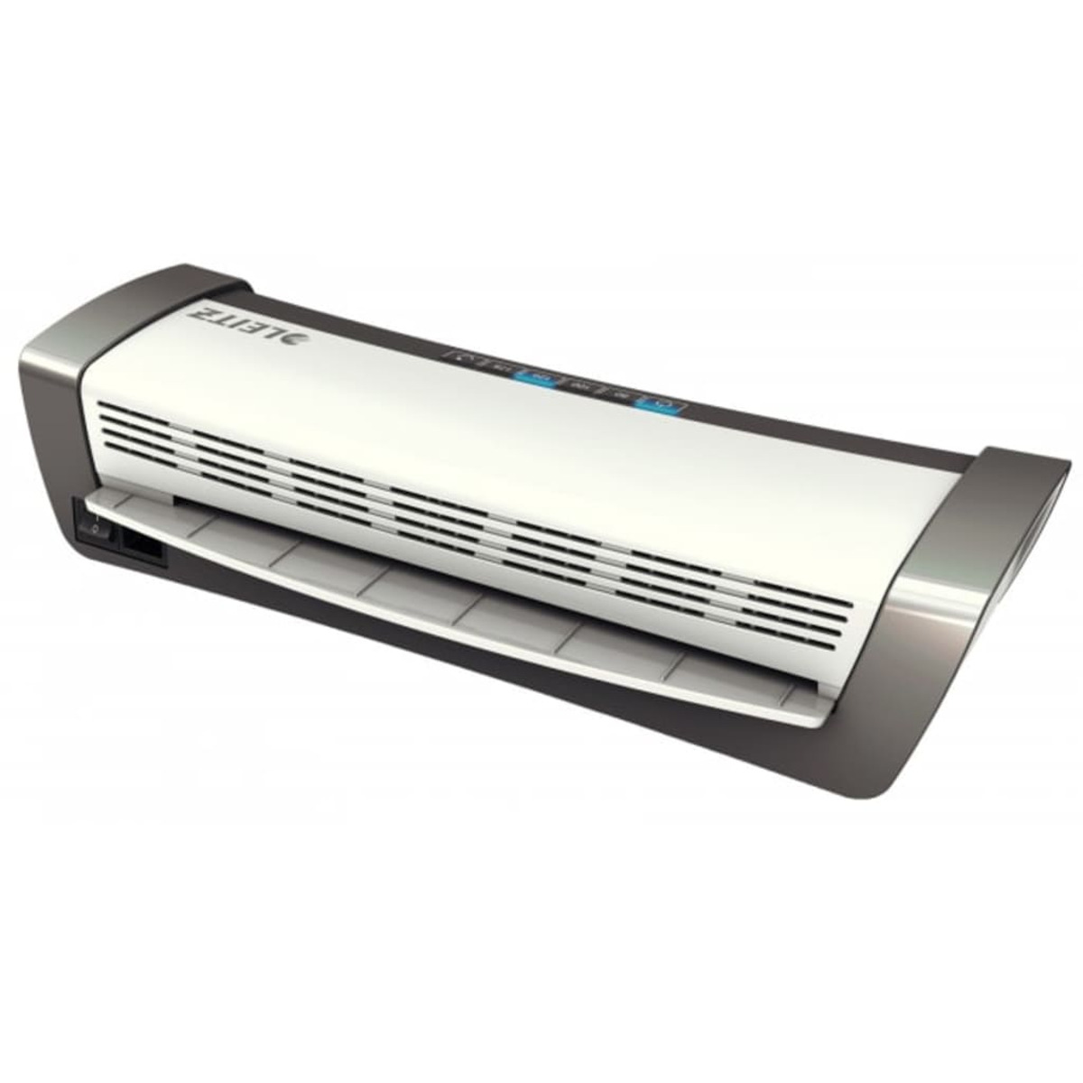 Ein weißer und grauer Leitz-Laminator steht auf einem hellen Hintergrund.