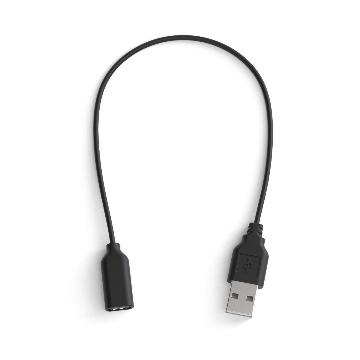 Ein kurzes schwarzes USB-Kabel mit einem USB-Anschluss und einer Buchse auf einem weißen Hintergrund.