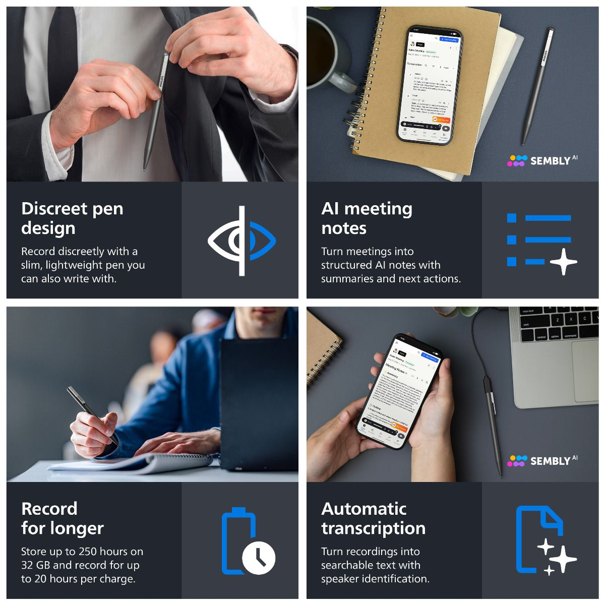 Vier Bilder zeigen die Funktionen eines Aufnahmestifts mit App für Notizen, Transkription und langes Aufnehmen.