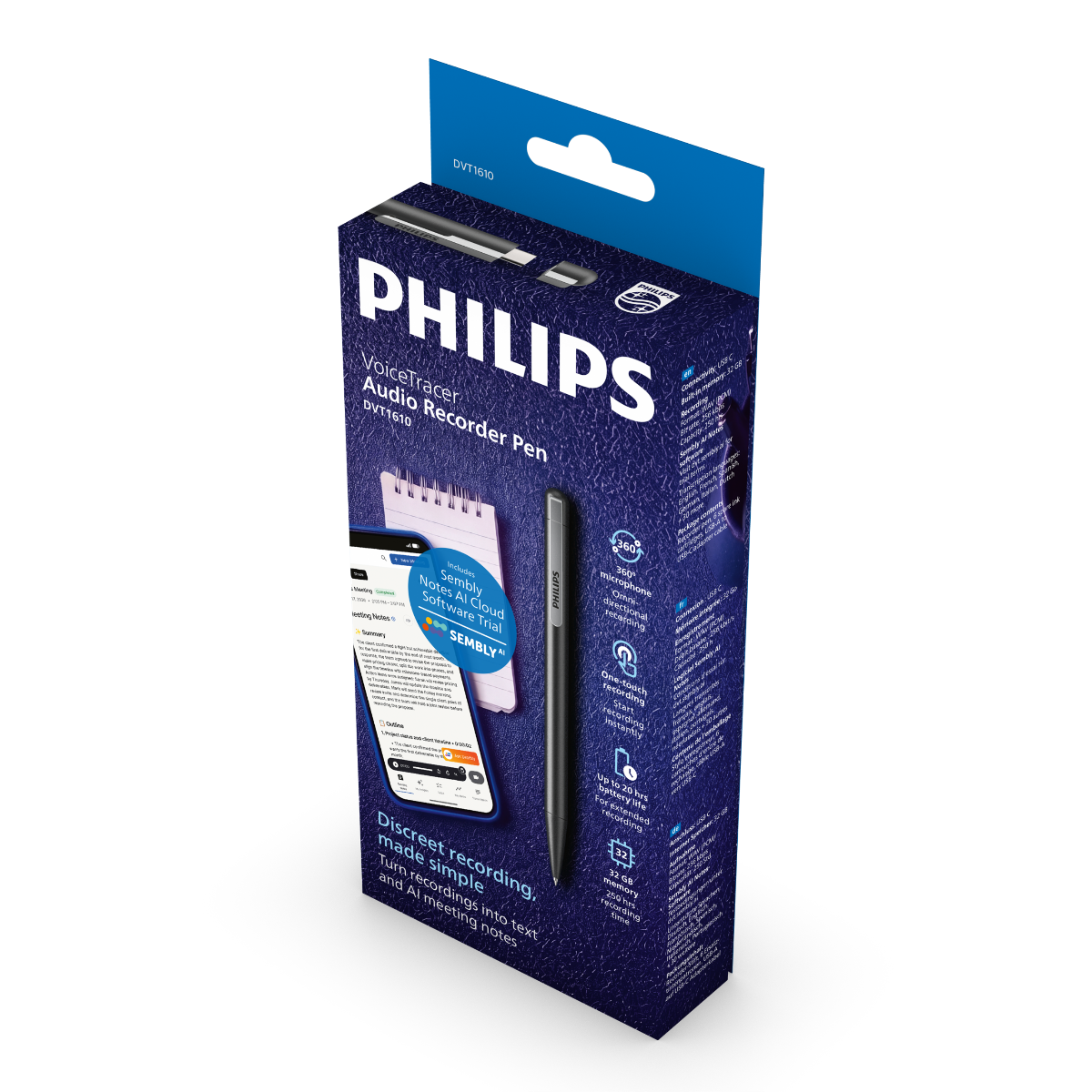 Philips VoiceTracer Diktiergerät-Stift Verpackung mit schwarzem Stift, Notizblock und Smartphone-Bildschirm.
