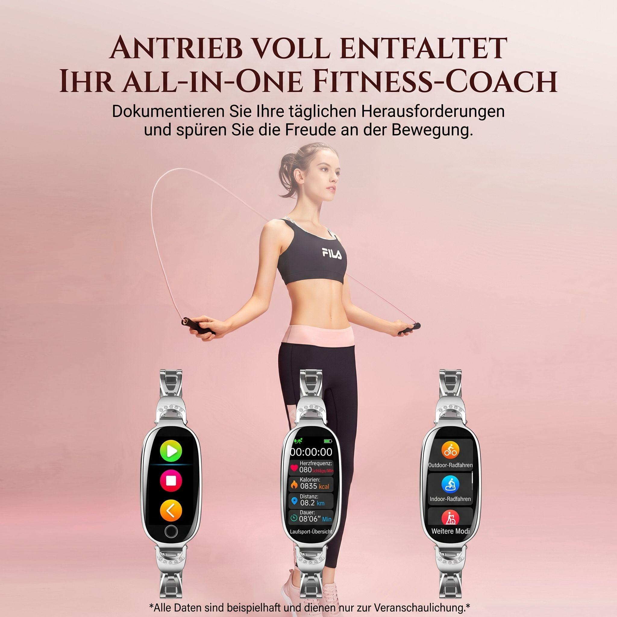Fitness-Coach-Werbung mit einer Frau, die Seil springt, und drei silbernen Smartwatches im Vordergrund.