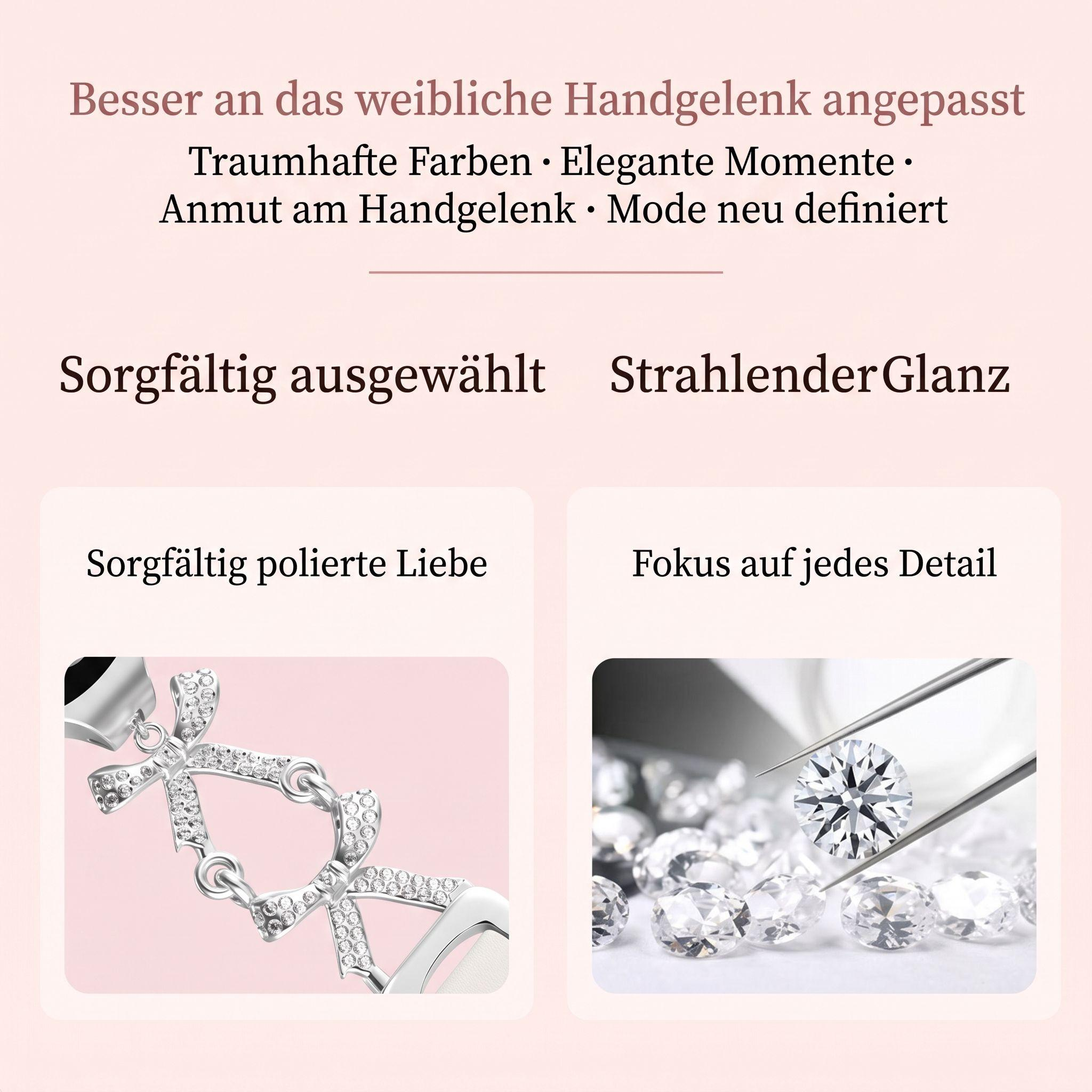 Werbebanner mit deutschem Text, zeigt eine silberne Armbanduhr mit Strasssteinen und eine Pinzette mit Diamanten.