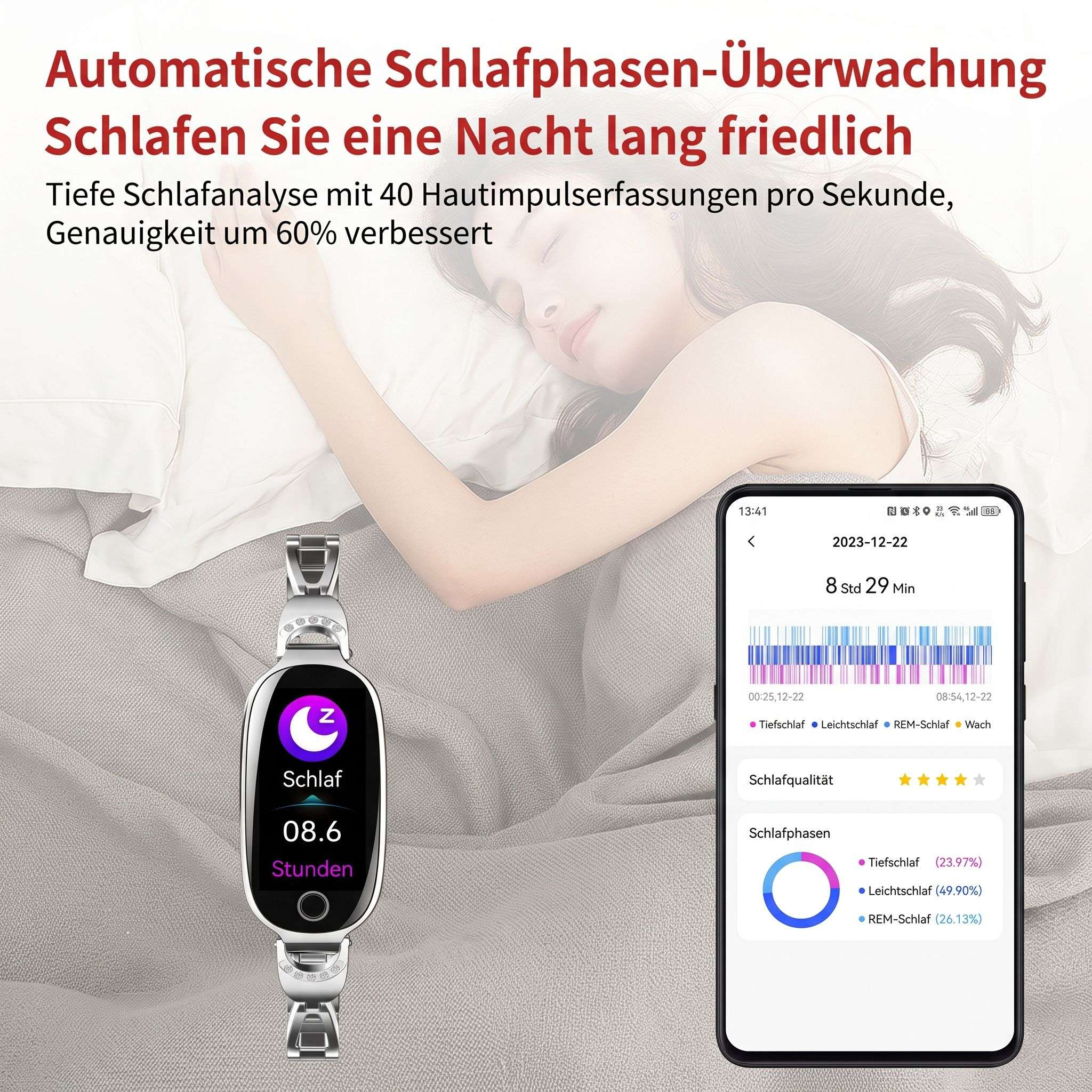 Eine Frau schläft friedlich, während ein Smart-Fitnessarmband und ein Smartphone ihre Schlafphasen überwachen.