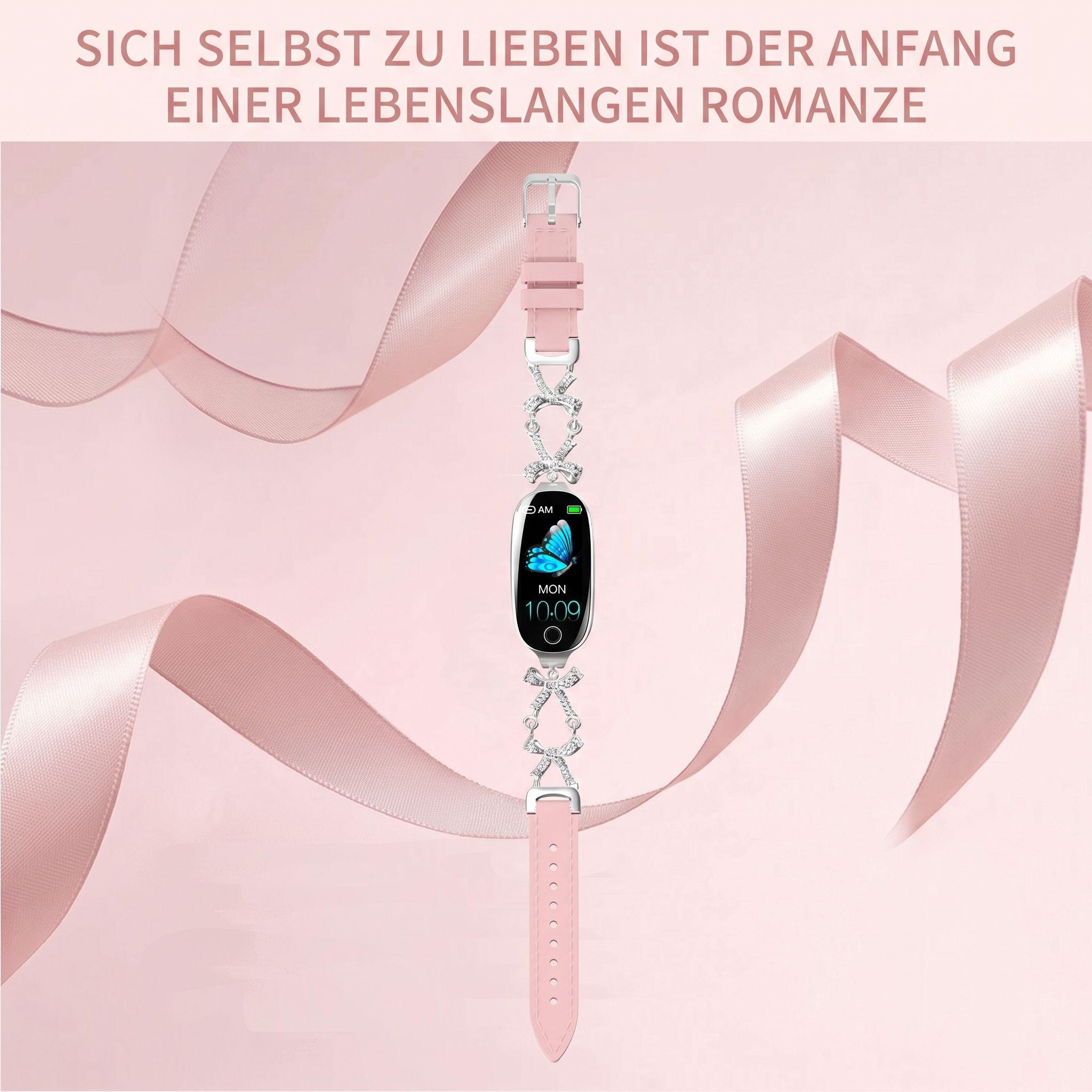 Rosa Smartwatch mit Schmuckarmband vor einem rosa Hintergrund mit fließenden Bändern und deutschem Text.