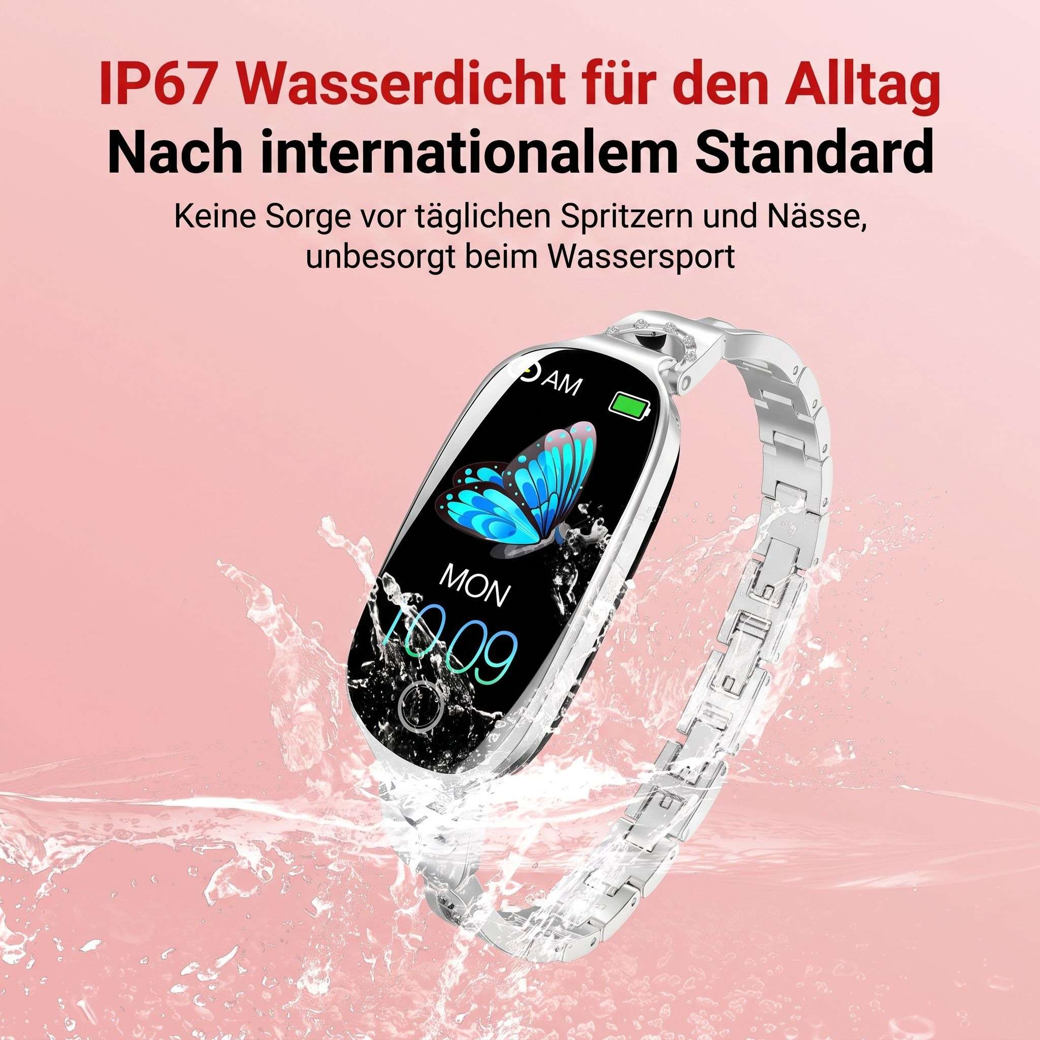 Wasserdichte Smartwatch mit blauem Schmetterling auf dem Display, umgeben von Wasserspritzern vor rosa Hintergrund.