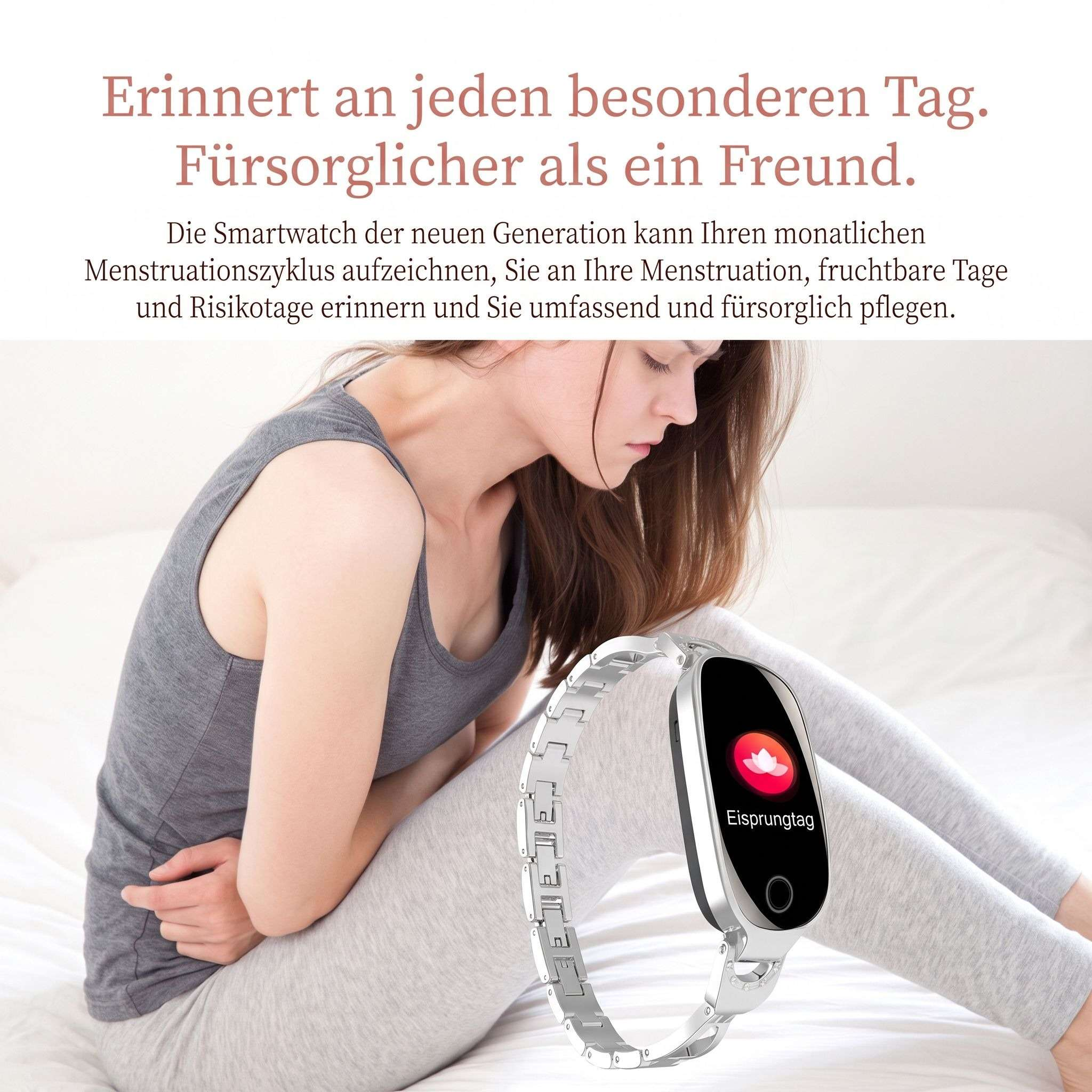 Eine Frau hält sich vor Schmerzen den Bauch, während eine Smartwatch im Vordergrund das Wort Eisprungtag zeigt.
