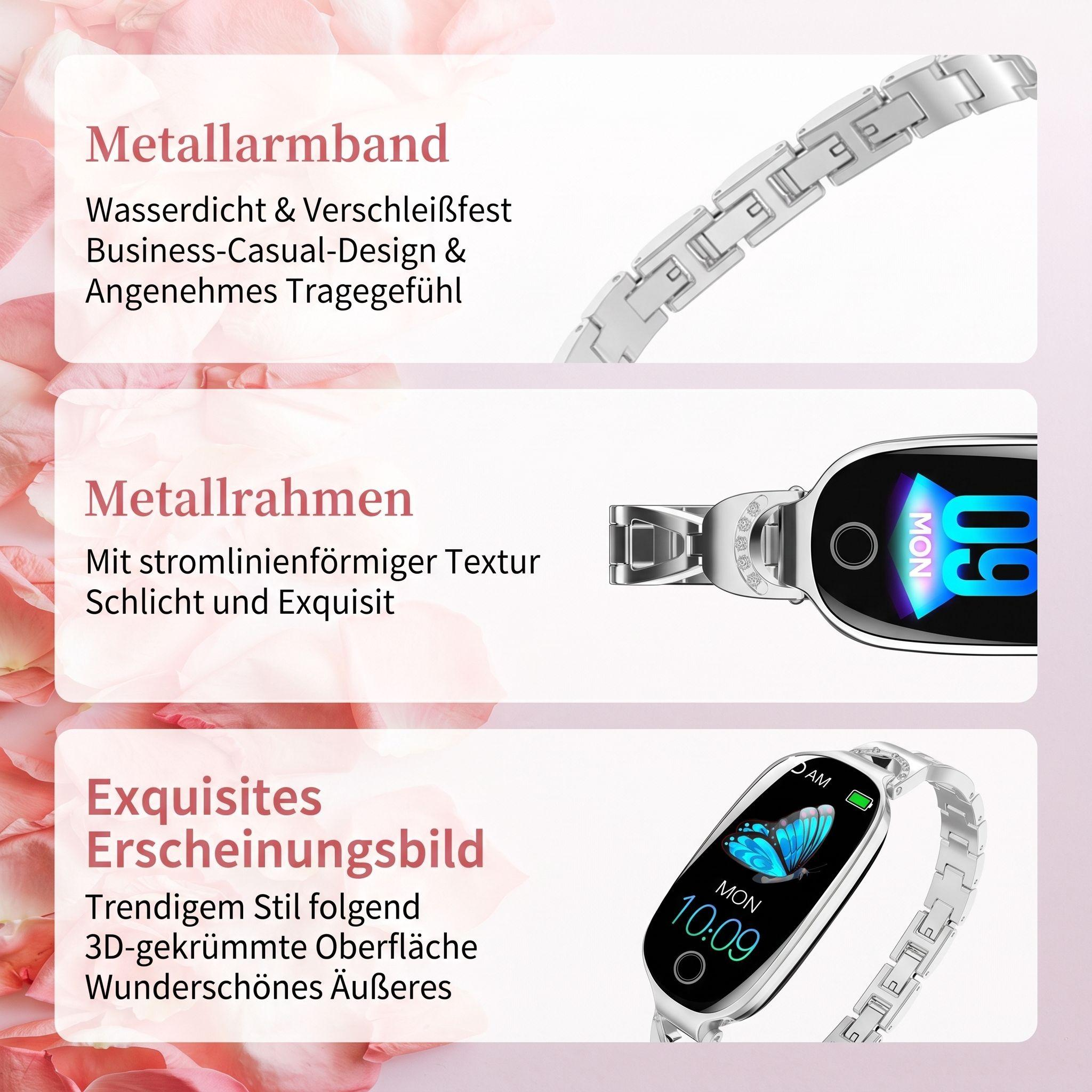 Drei Produktbilder eines eleganten Smartwatch-Metallarmbands und -rahmens auf pinkem Hintergrund.