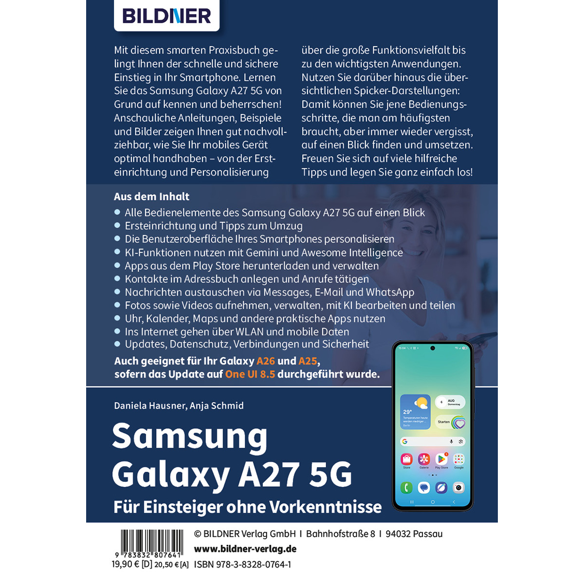 Buchcover für Samsung Galaxy A27 5G mit Text und Smartphone-Grafik vor blauem Hintergrund.