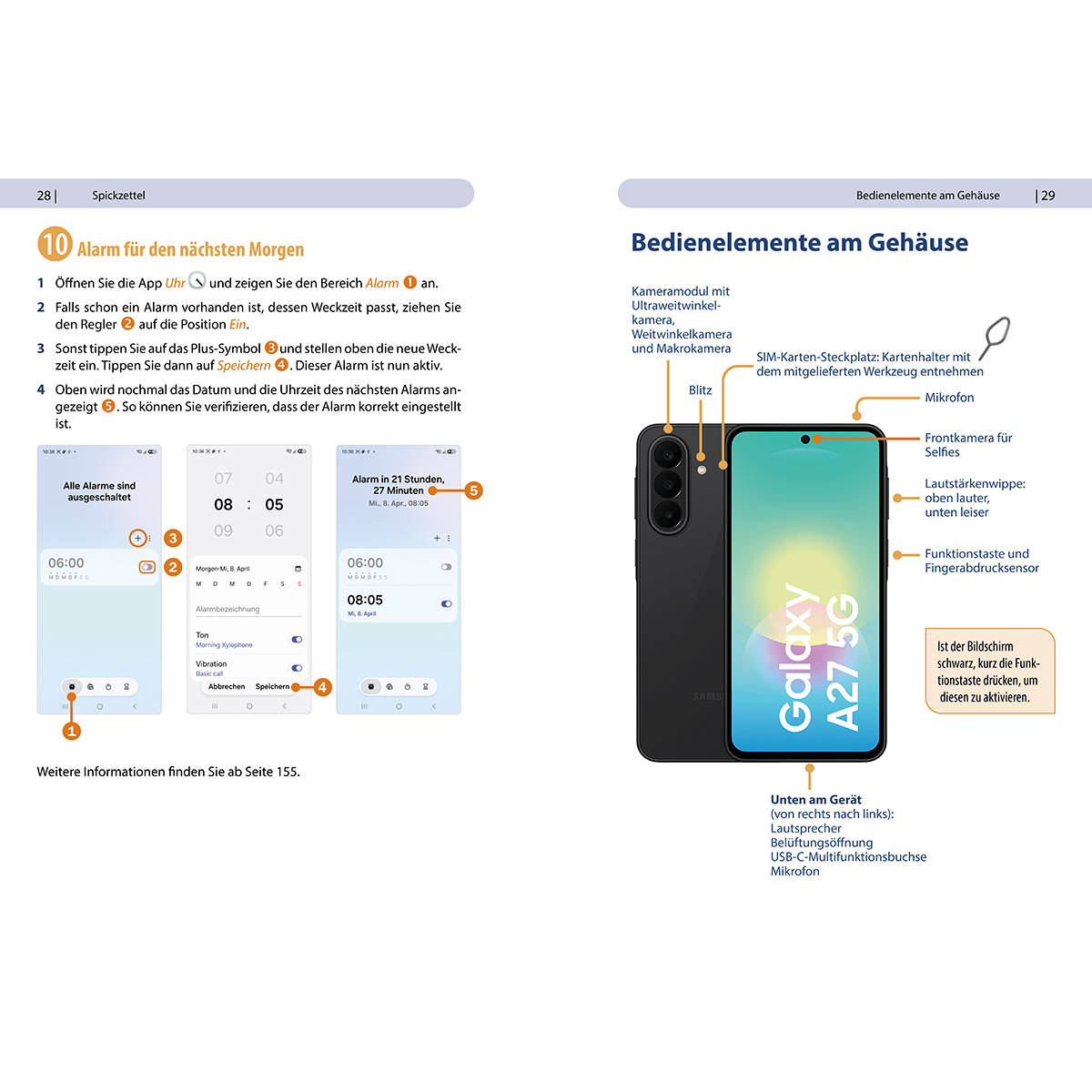 Anleitung zur Weckereinstellung und Beschriftung der Smartphone-Bedienelemente.