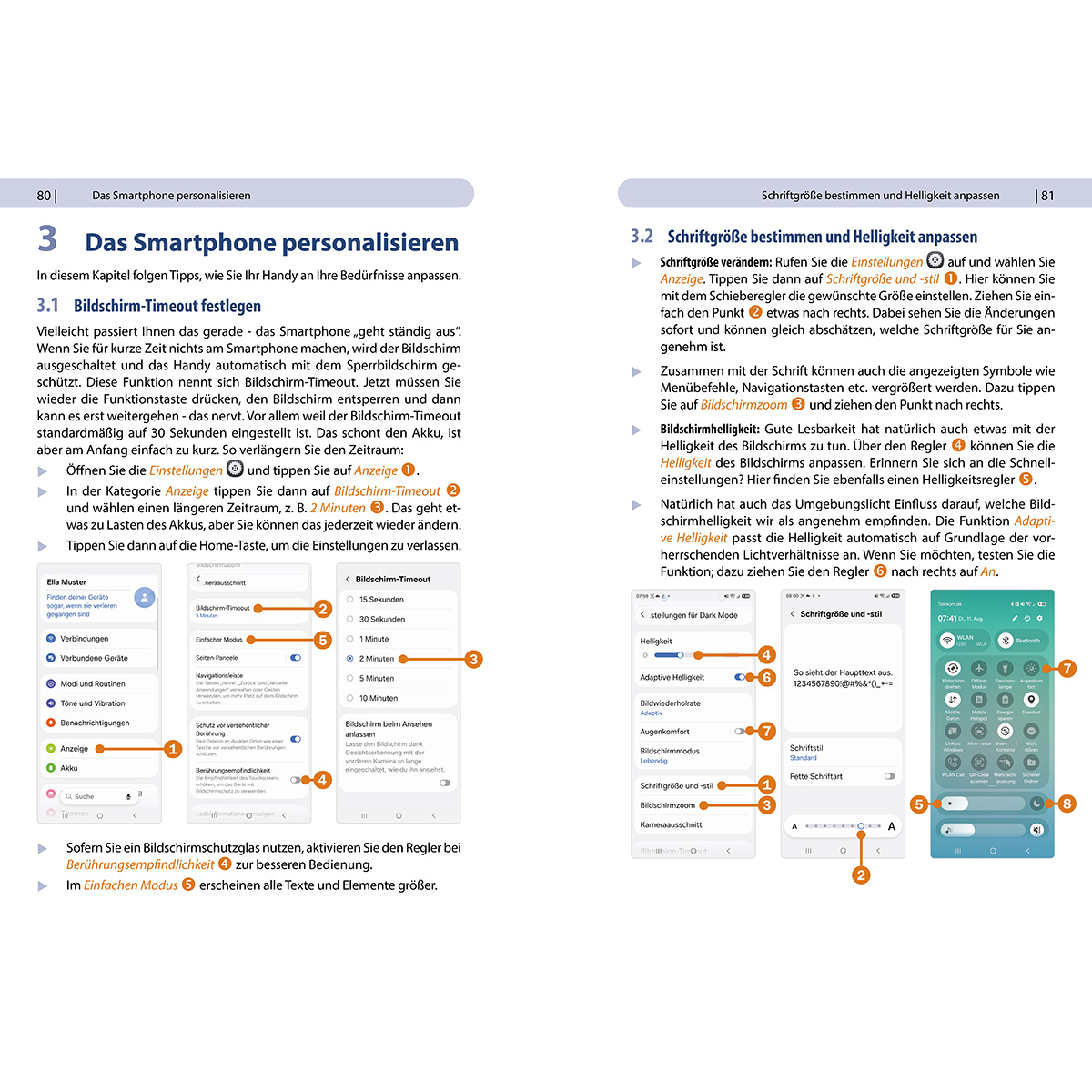 Seiten aus einem Handbuch zur Smartphone-Einstellung mit Texten und Screenshots.