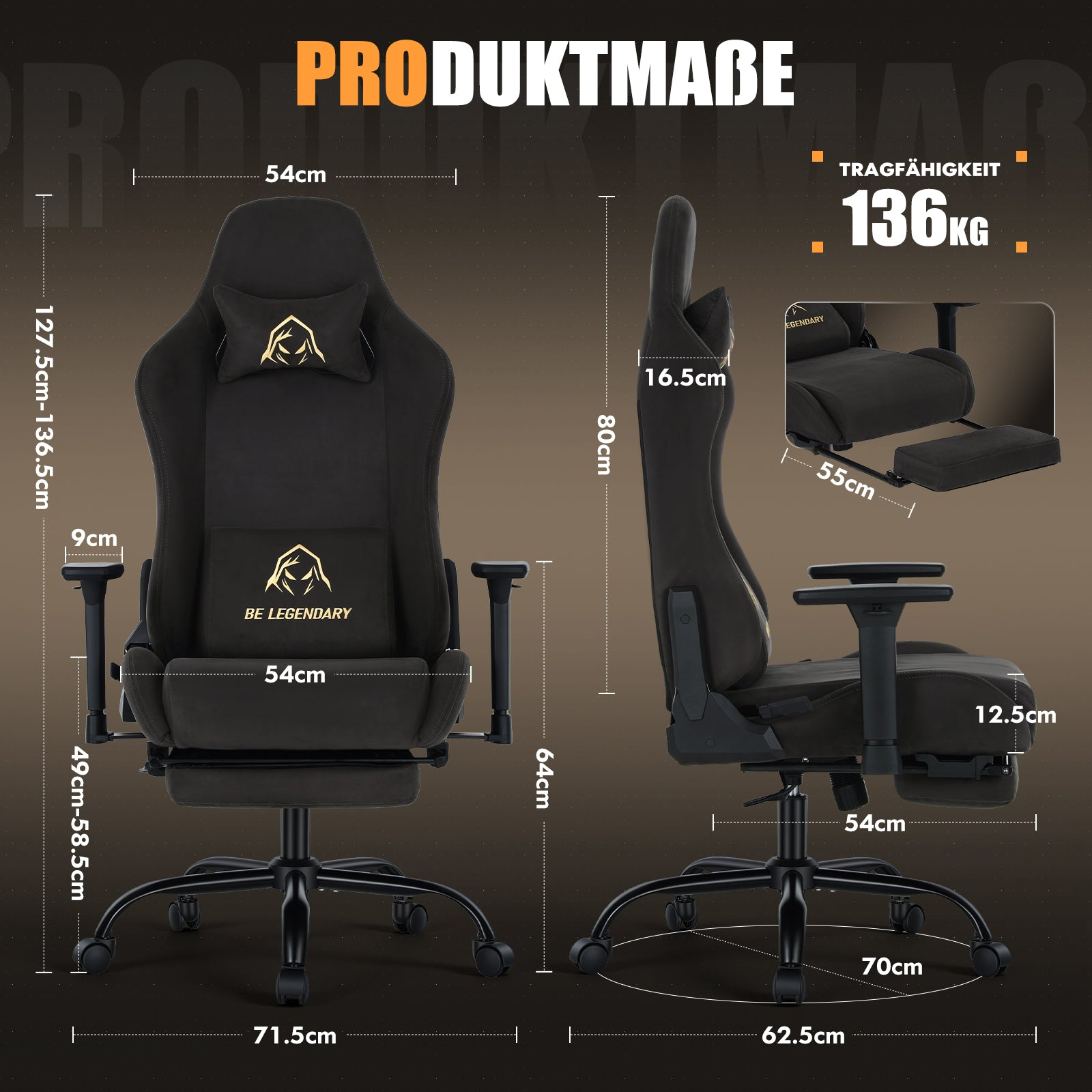 Produktmaße eines schwarzen Gaming-Stuhls mit Fußstütze, Höhe, Breite und Tragfähigkeit von 136 kg.
