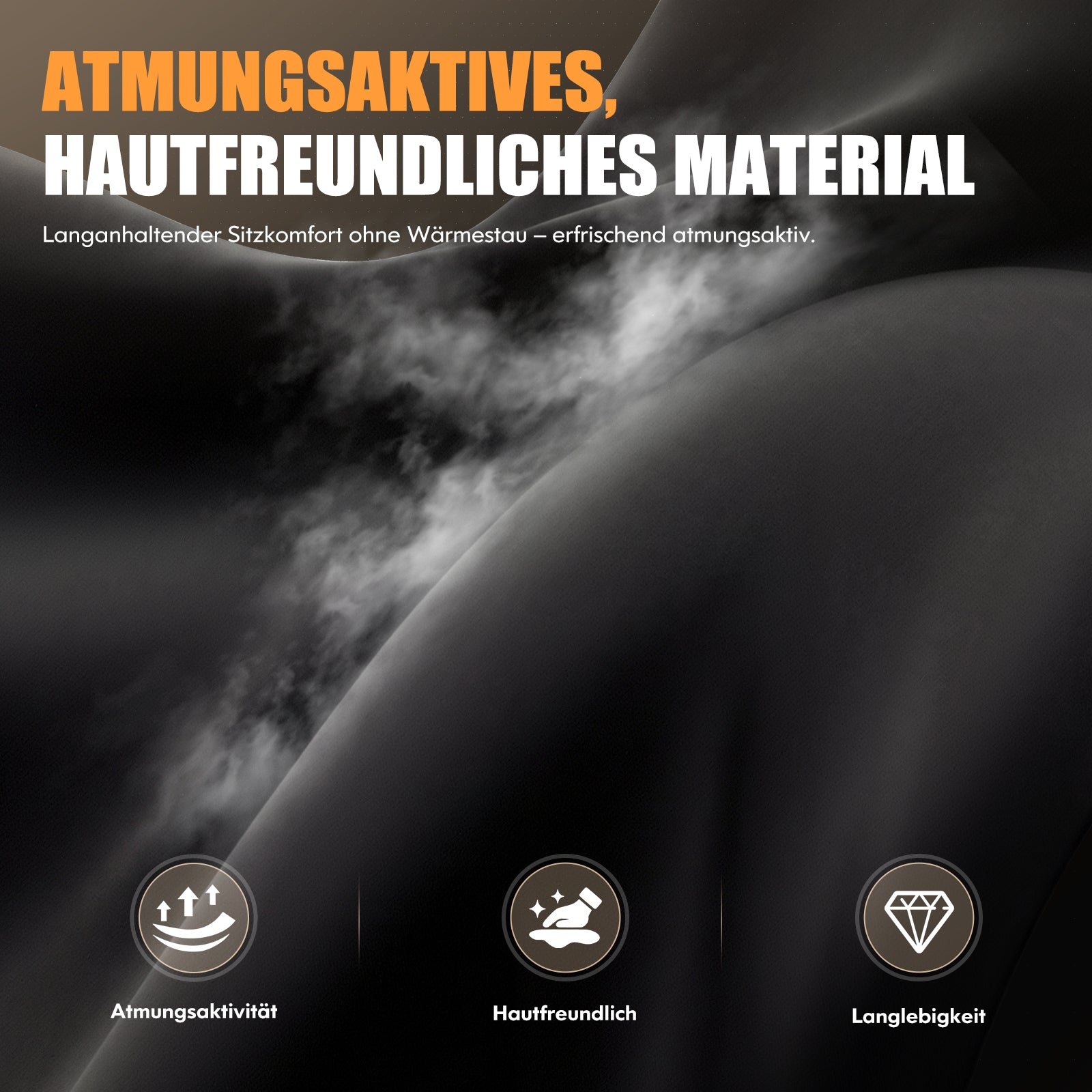Schwarzer Stoff mit Dampf und drei Symbolen für Atmungsaktivität, Hautfreundlichkeit und Langlebigkeit.