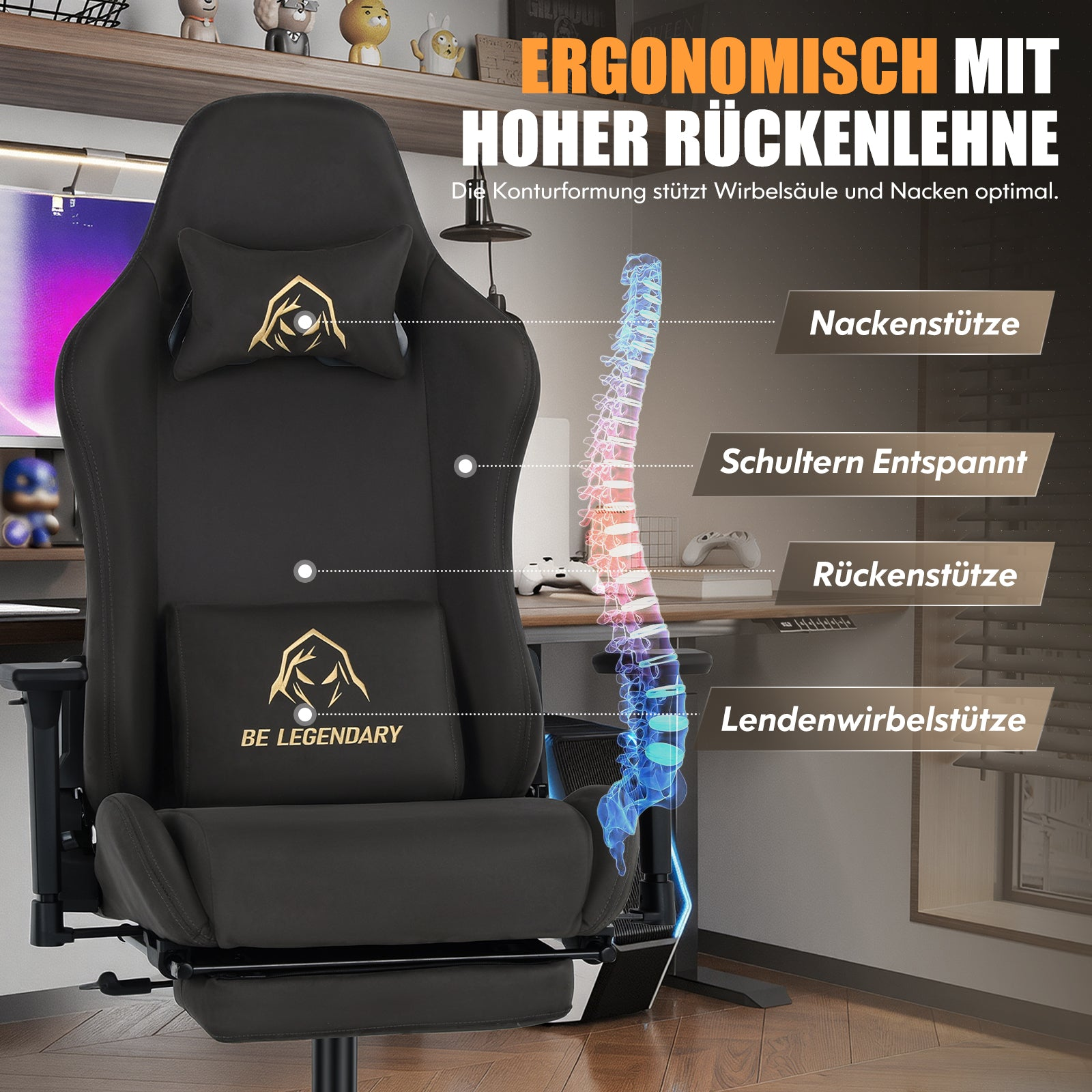 Ergonomischer schwarzer Gaming-Stuhl mit hoher Rückenlehne, Kopfstütze und Lendenkissen in einem modernen Raum.