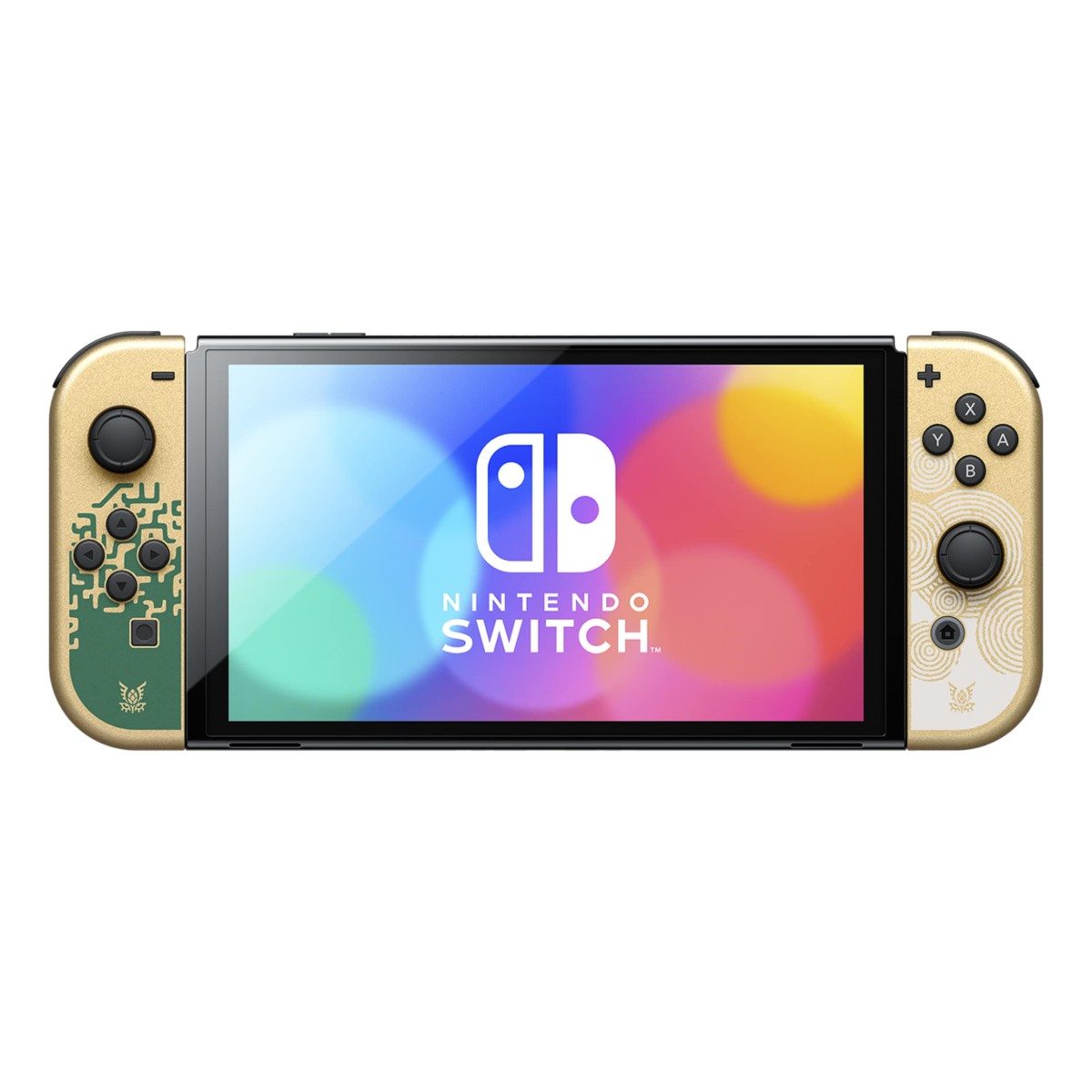 Eine Zelda-Edition Nintendo Switch OLED mit goldenen Joy-Cons mit grünen und weißen Musterdetails auf weißem Hintergrund.