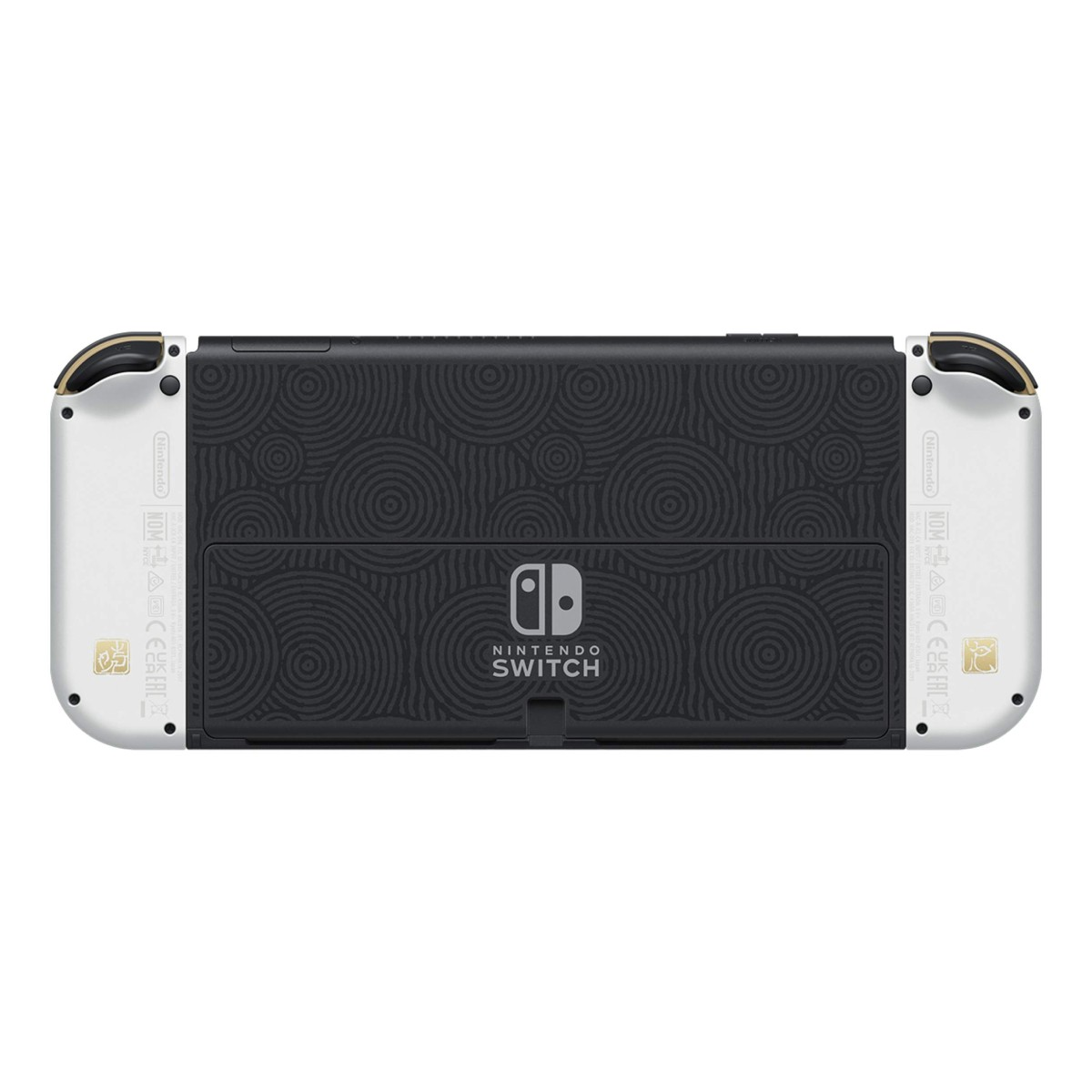 Rückansicht der Nintendo Switch OLED im The Legend of Zelda Design mit wirbelnden Mustern.