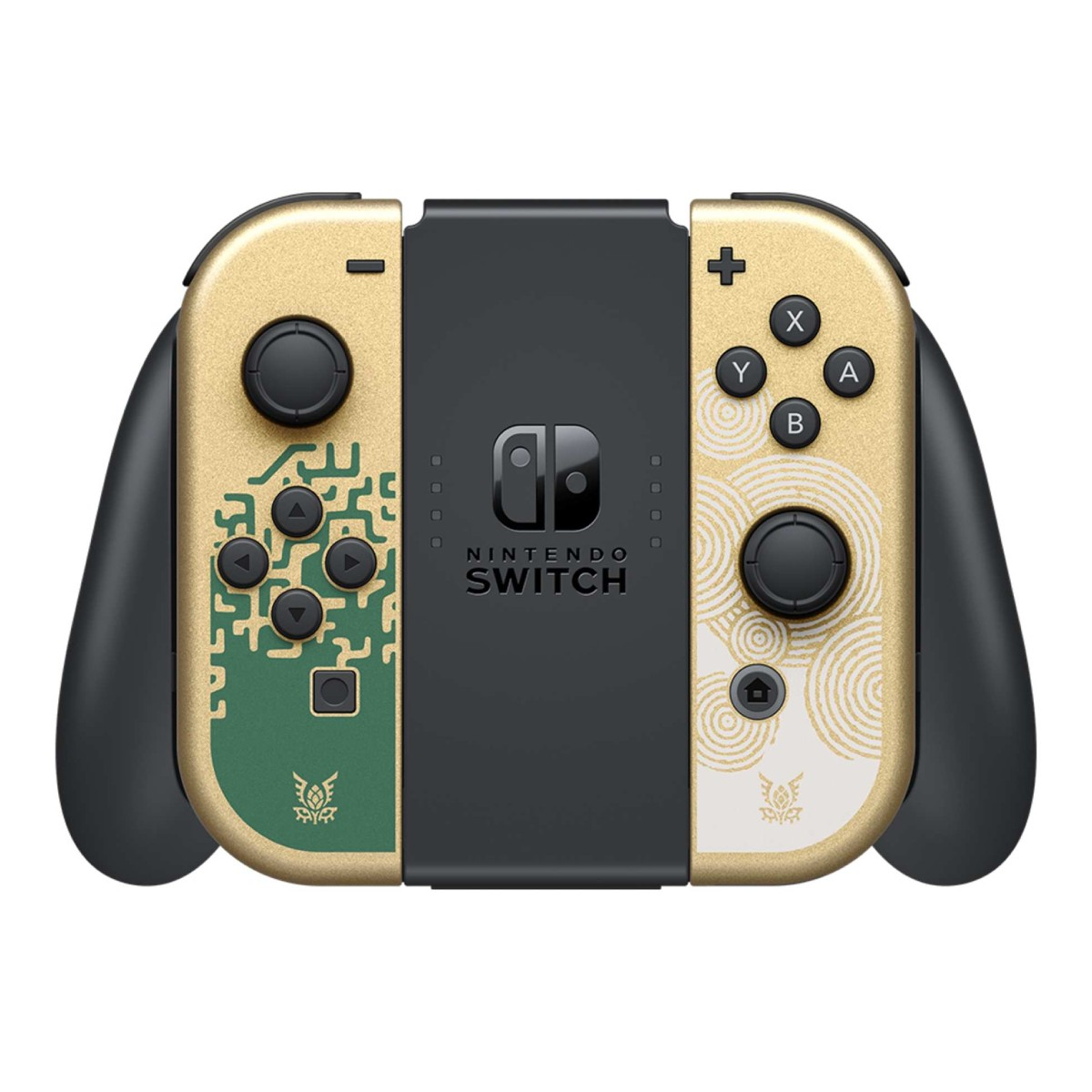 Goldener Nintendo Switch Pro Controller mit grün-weißen Mustern und schwarzen Griffen.