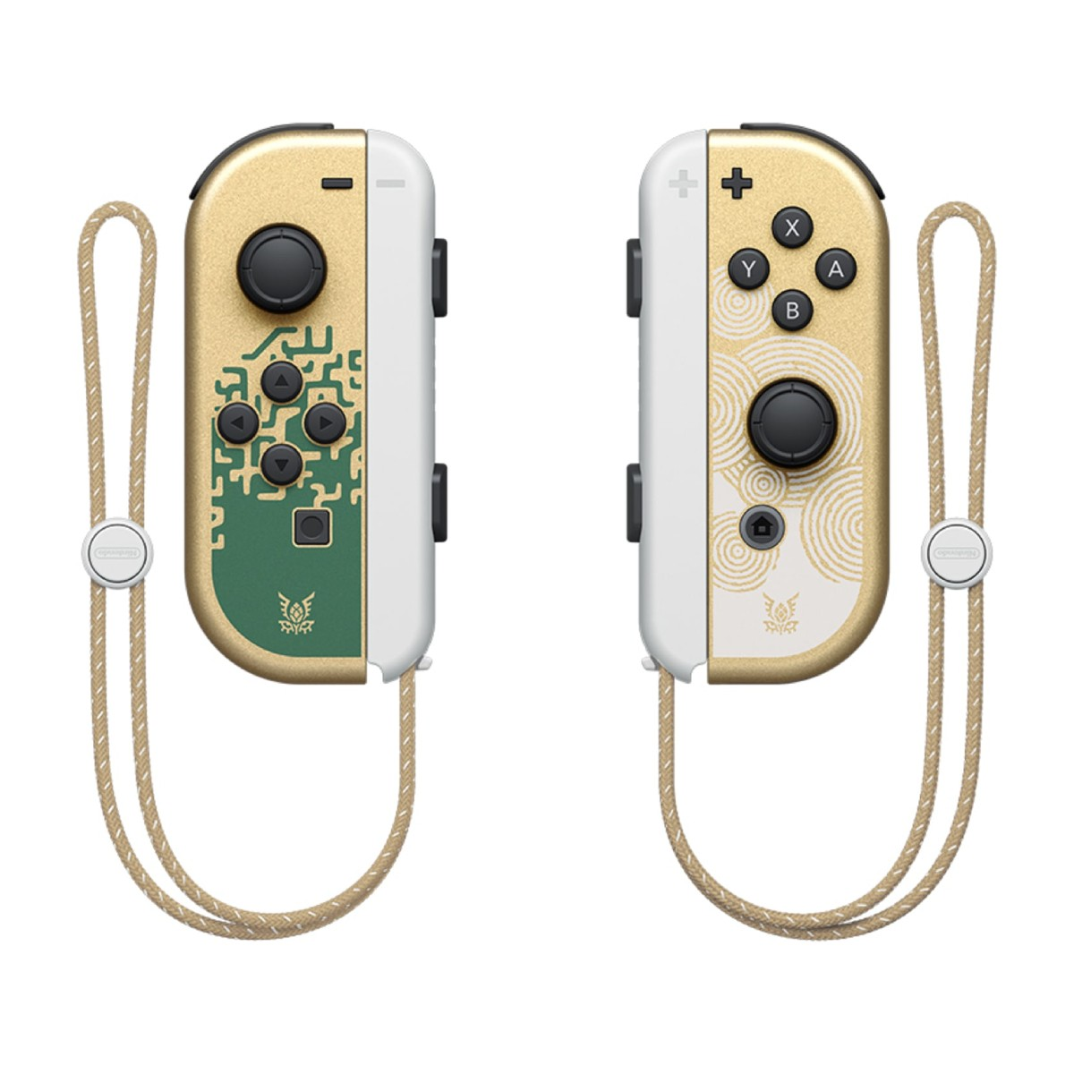Goldene und weiße Nintendo Switch Joy-Con-Controller mit handgelenksgurten und speziellen Motiven.