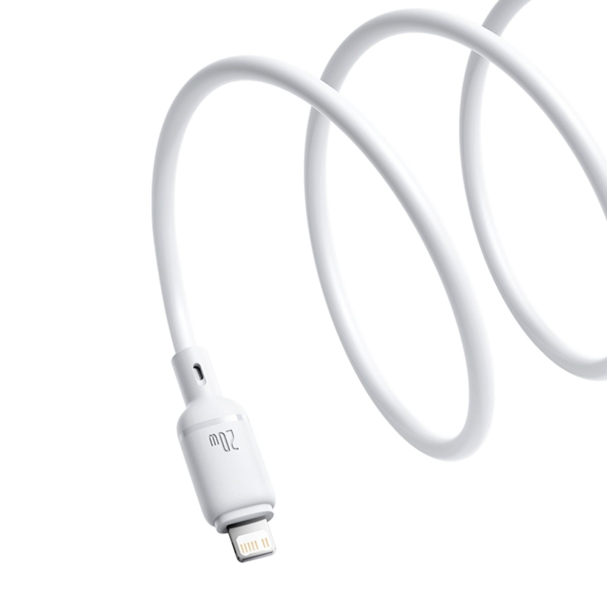 Ein weißes 20W Ladekabel mit integriertem Lightning-Anschluss, aufgerollt auf weißem Hintergrund.
