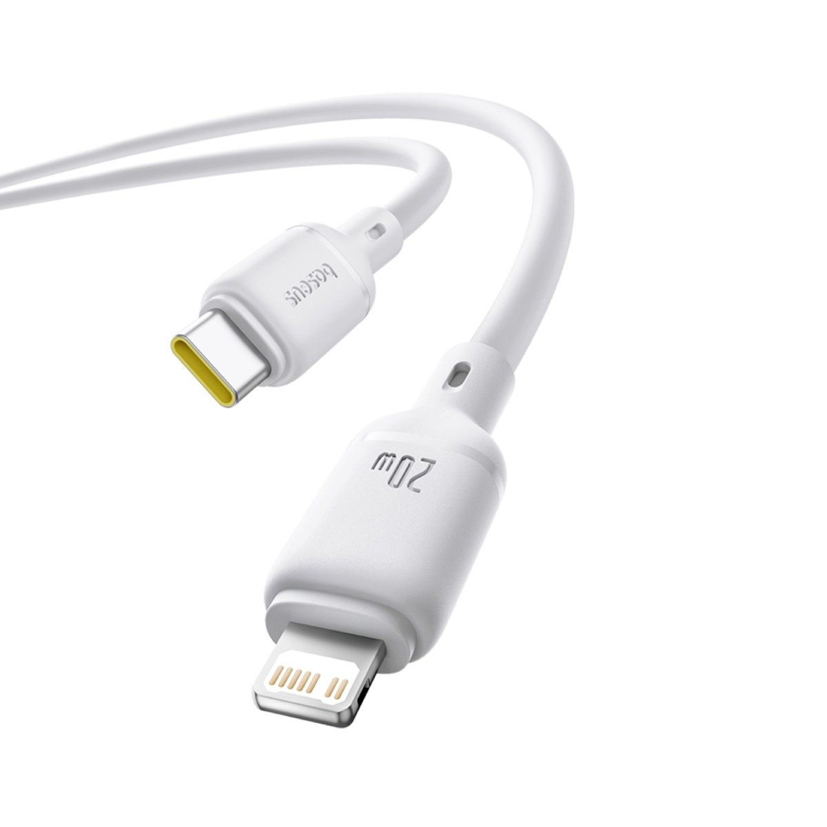 Weißes USB-C-auf-Lightning-Kabel mit 20W-Aufschrift vor weißem Hintergrund.