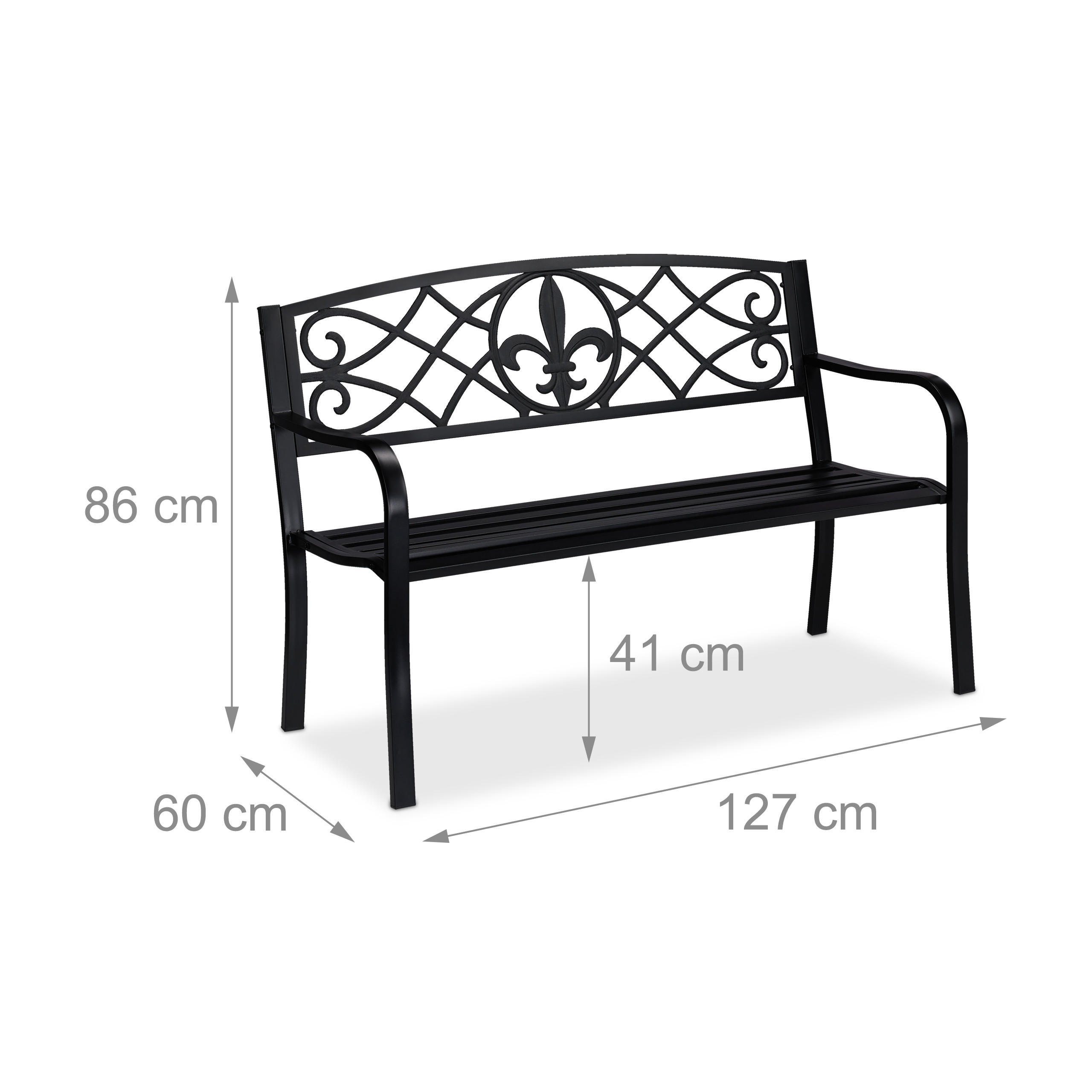 Eine schwarze Metall-Gartenbank mit Maßen und dekorativer Rückenlehne.