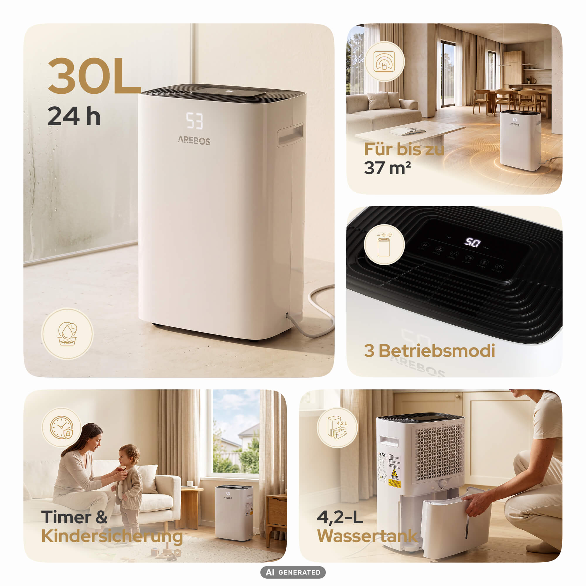 Ein weißer Arebos Entfeuchter mit 30L Kapazität und verschiedenen Funktionen für Wohnräume.