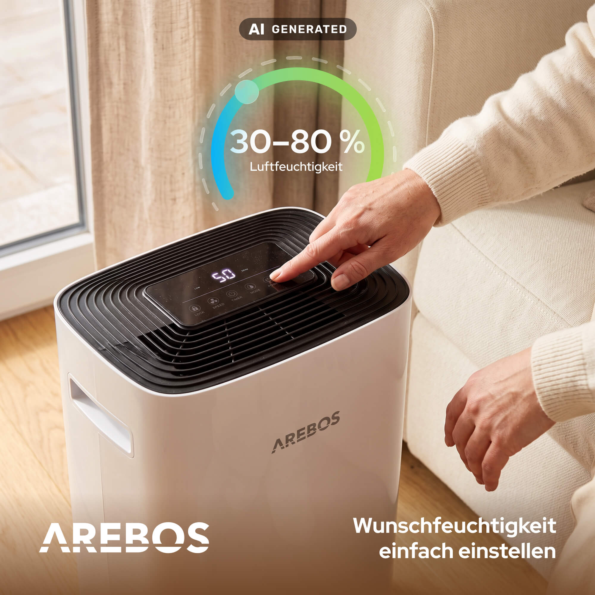 Eine Person stellt die Luftfeuchtigkeit an einem weißen Arebos Entfeuchter ein.