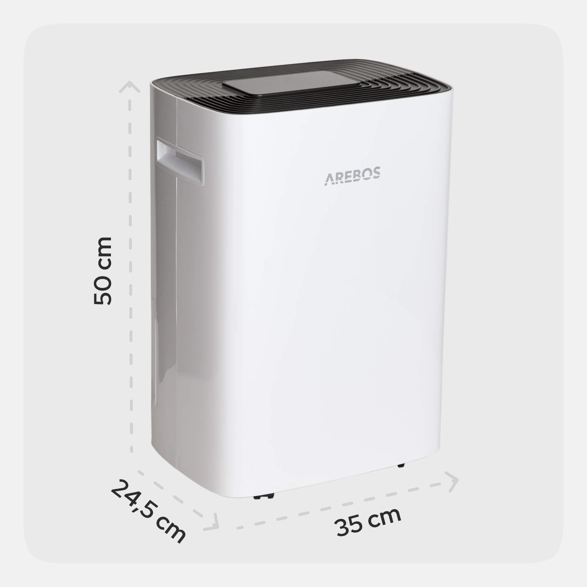 Weißer Arebos Luftentfeuchter mit Maßen von 50x35x24,5 cm auf grauem Hintergrund.