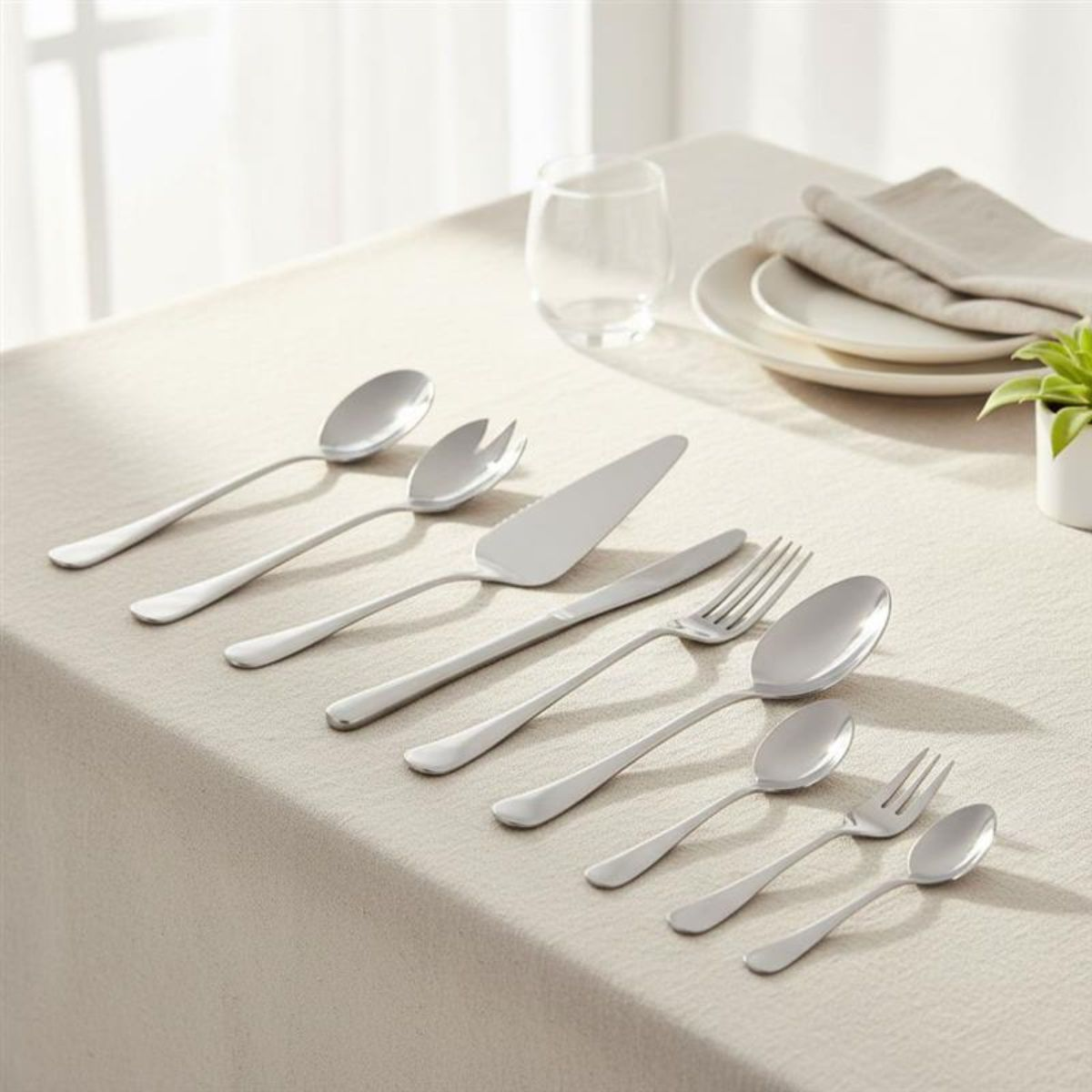 Ein Set silbernem Besteck diagonal auf einer weißen Tischdecke mit einem Glas und Tellern im Hintergrund.