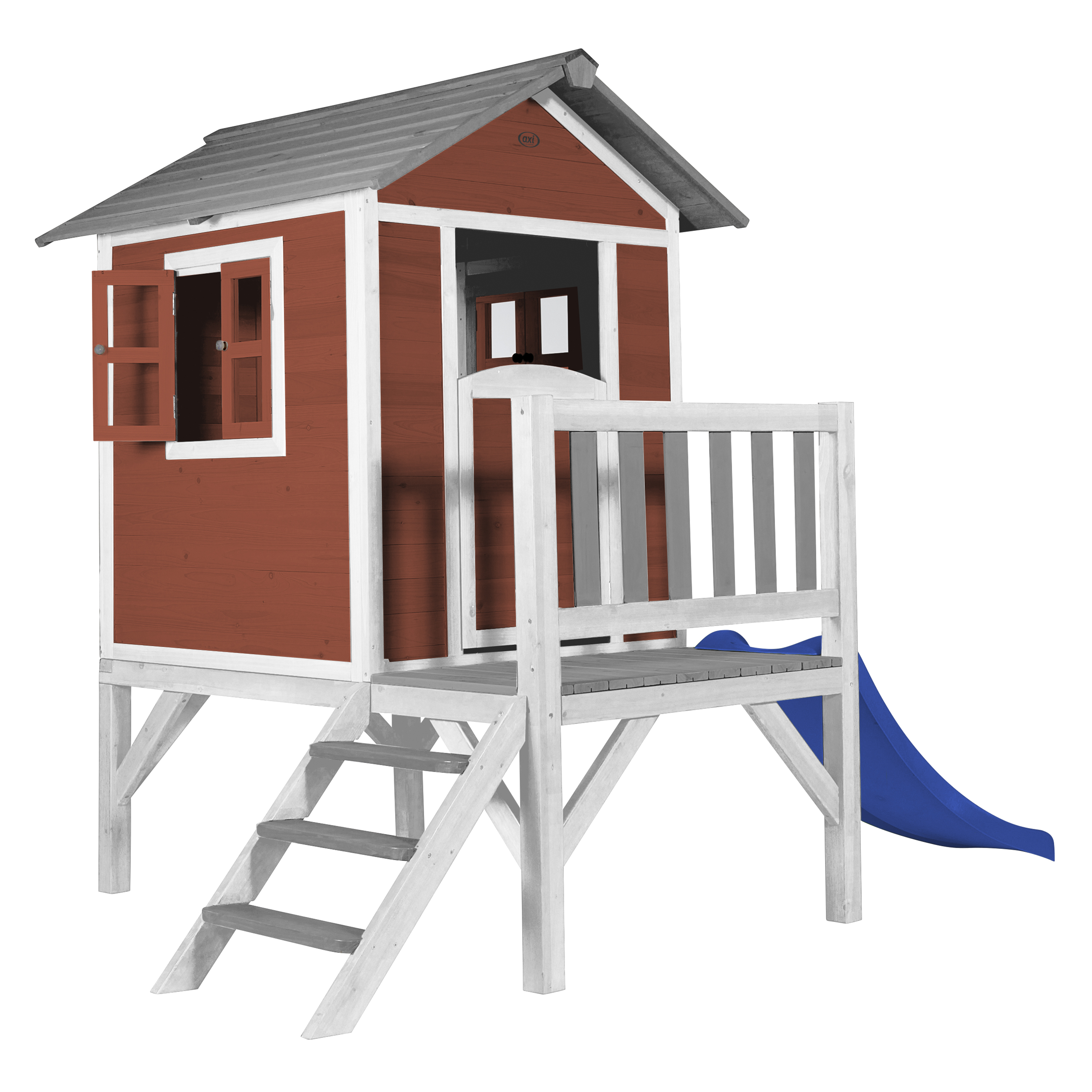 Ein rotes Holzspielhaus auf Stelzen mit weißem Geländer, Treppe und einer blauen Rutsche.