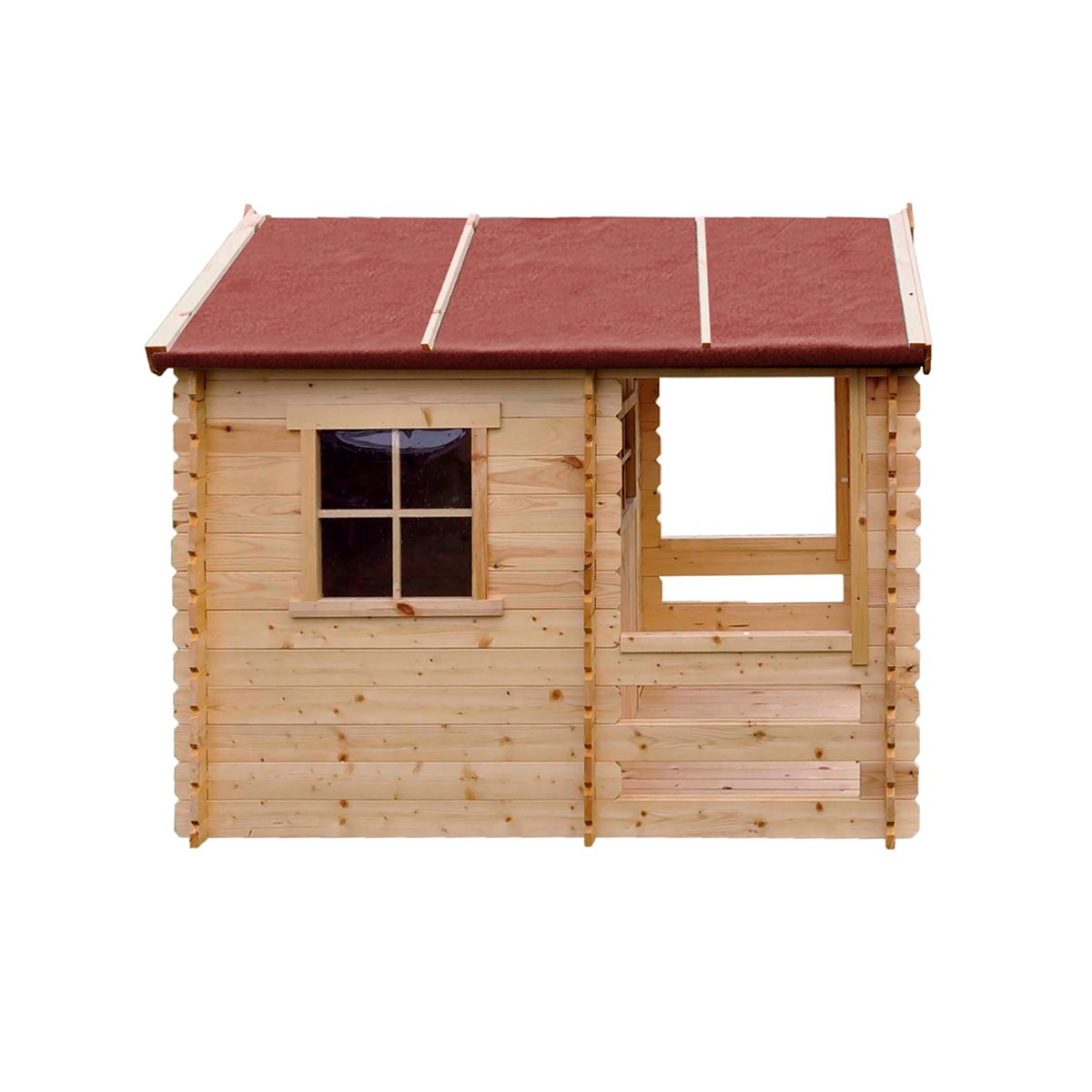 Ein Spielhaus aus Holz mit Fenster und rotem Dach auf weißem Hintergrund.