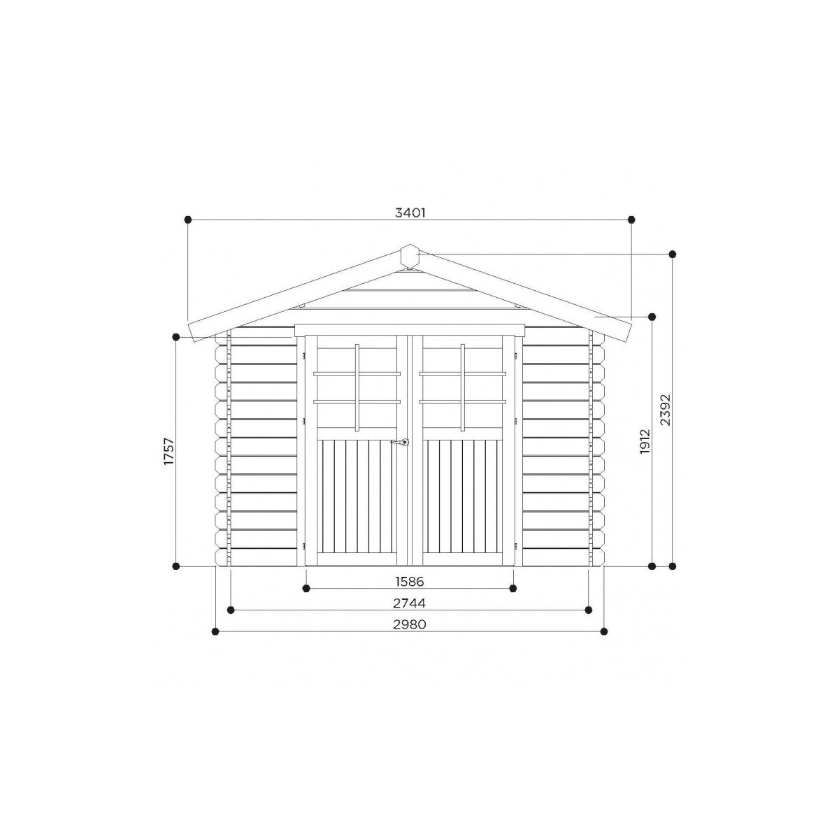 Technische Zeichnung einer Gartenhütte mit Maßen.