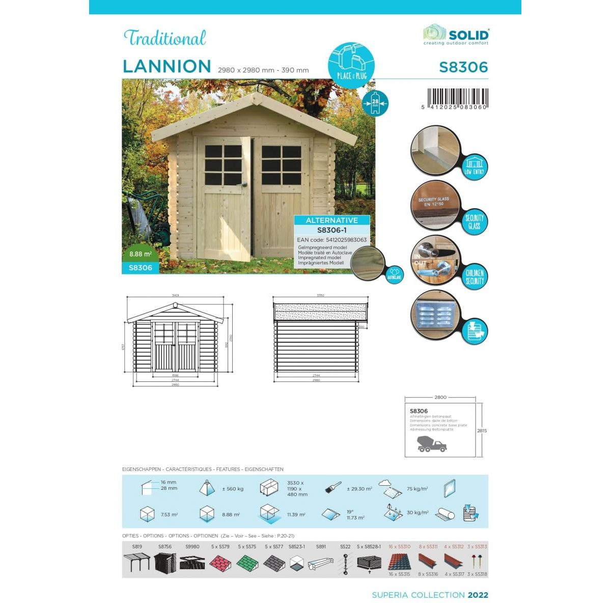 Produktblatt für das Gartenhaus Lannion S8306 mit Maßen, Fotos, Diagrammen und technischen Merkmalen.