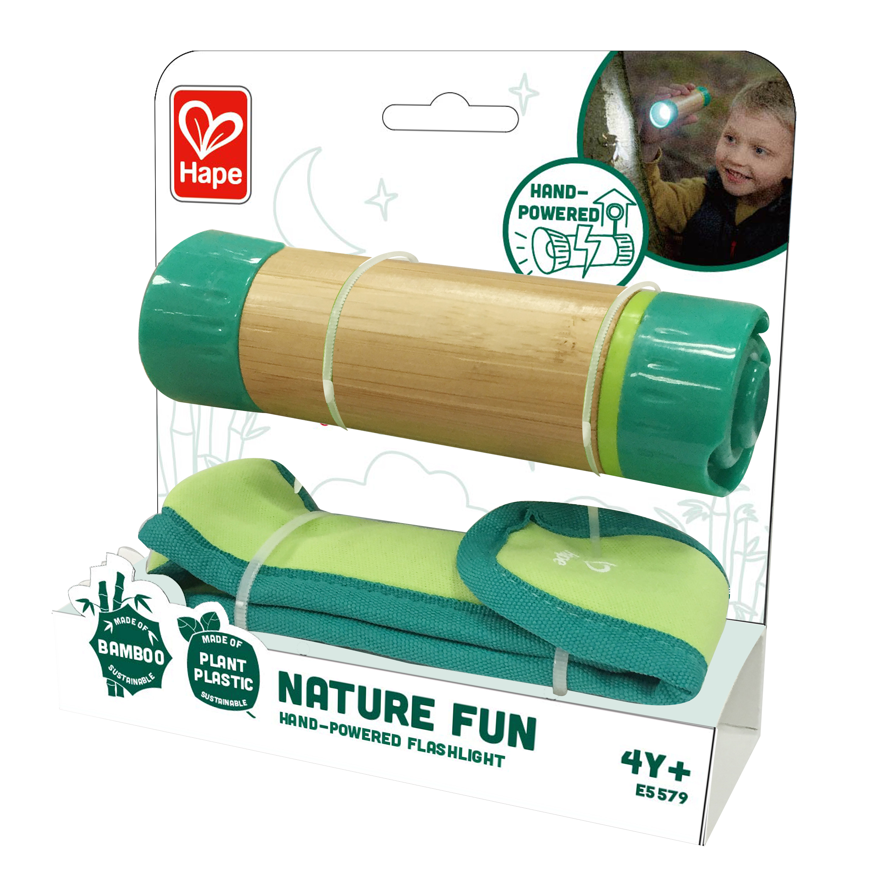Verpackung der Hape Nature Fun Handlampe aus Bambus und Kunststoff mit Zubehör.