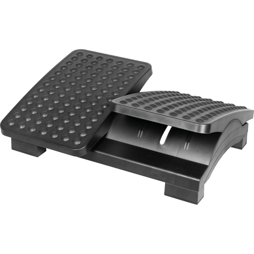 Eine schwarze ergonomische Fußstütze aus Kunststoff mit strukturierter Oberfläche zur Fußmassage.