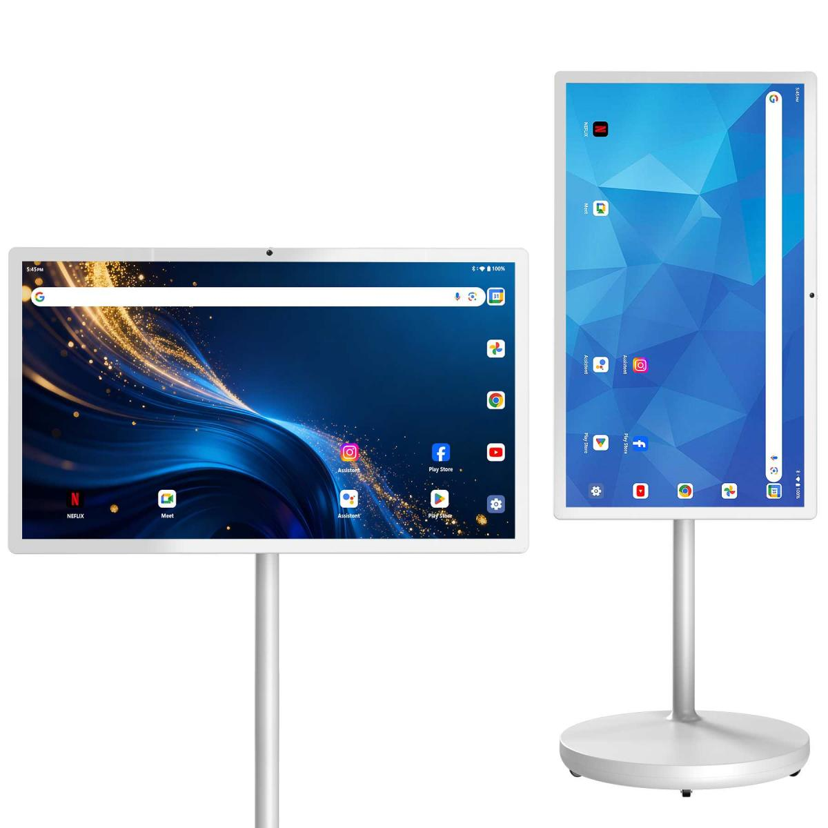 Zwei weiße digitale Displays auf Ständern, eins im Querformat, eins im Hochformat mit App-Icons.