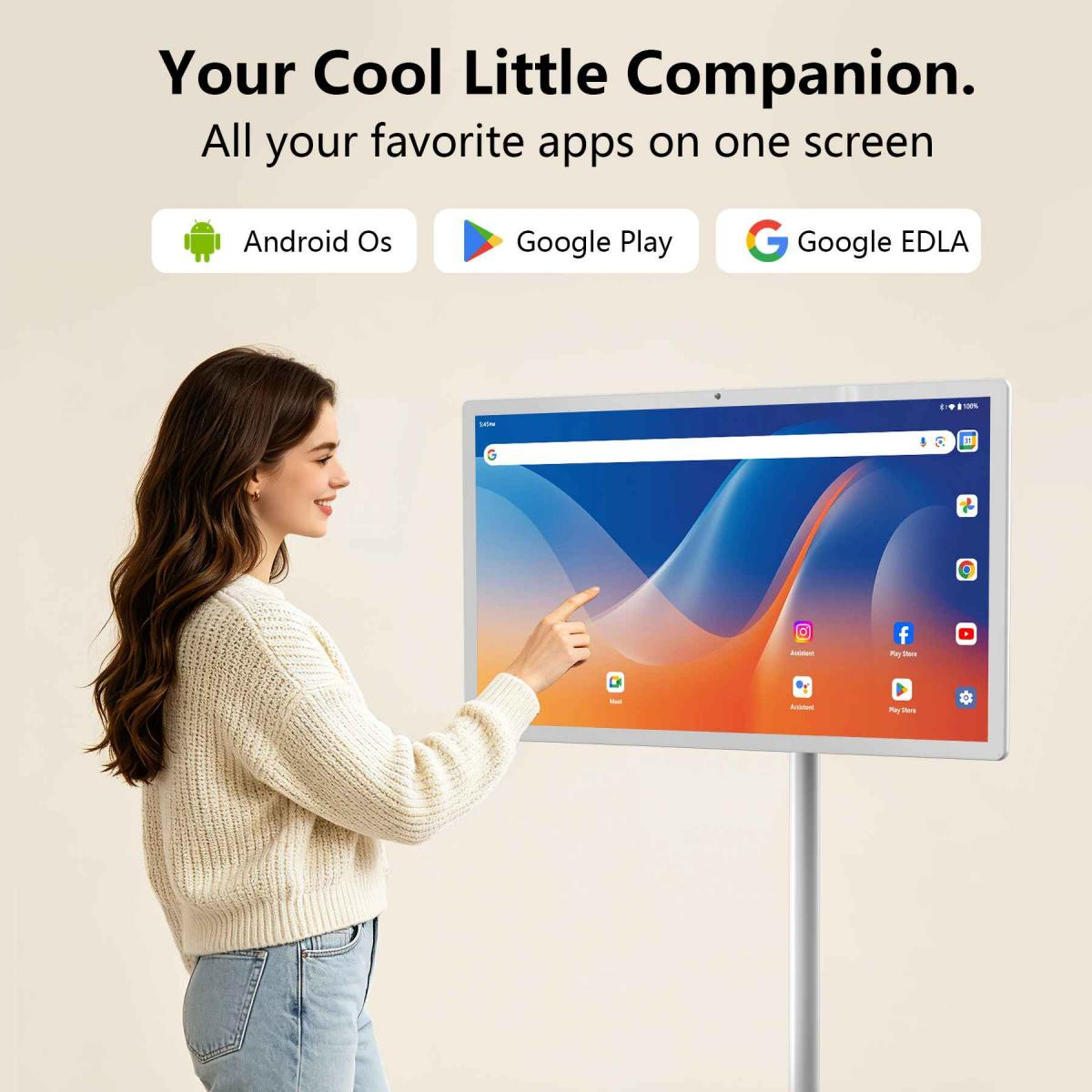 Eine Frau berührt den Bildschirm eines großen Digitaldisplays mit App-Symbolen und buntem Hintergrund.