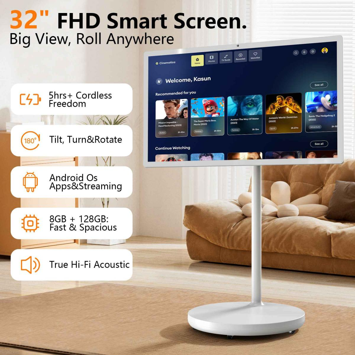 Ein mobiler 32-Zoll-Smart-Bildschirm auf Rädern in einem Wohnzimmer mit Feature-Symbolen.