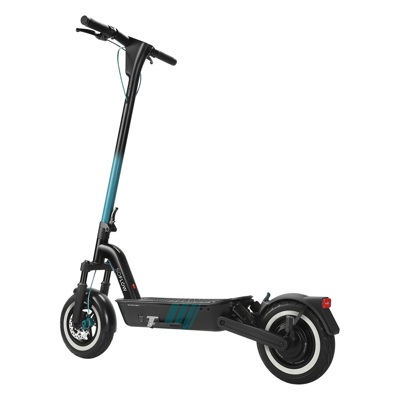 Ein schwarzer E-Scooter mit blauen Akzenten und großen Rädern auf weißem Hintergrund.