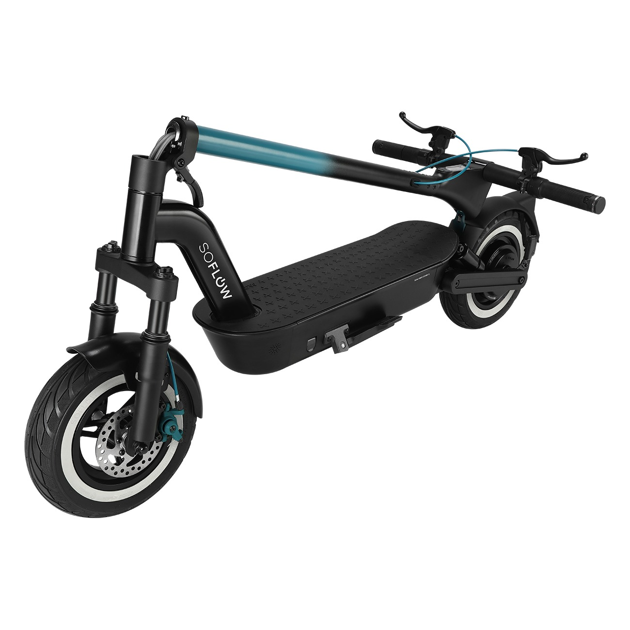 Ein schwarzer E-Scooter mit blauen Akzenten und breiten Reifen auf weißem Hintergrund.